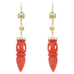 Antique French 1900s Coral Amphora 18 Karat Yellow Gold Dangle Earrings
