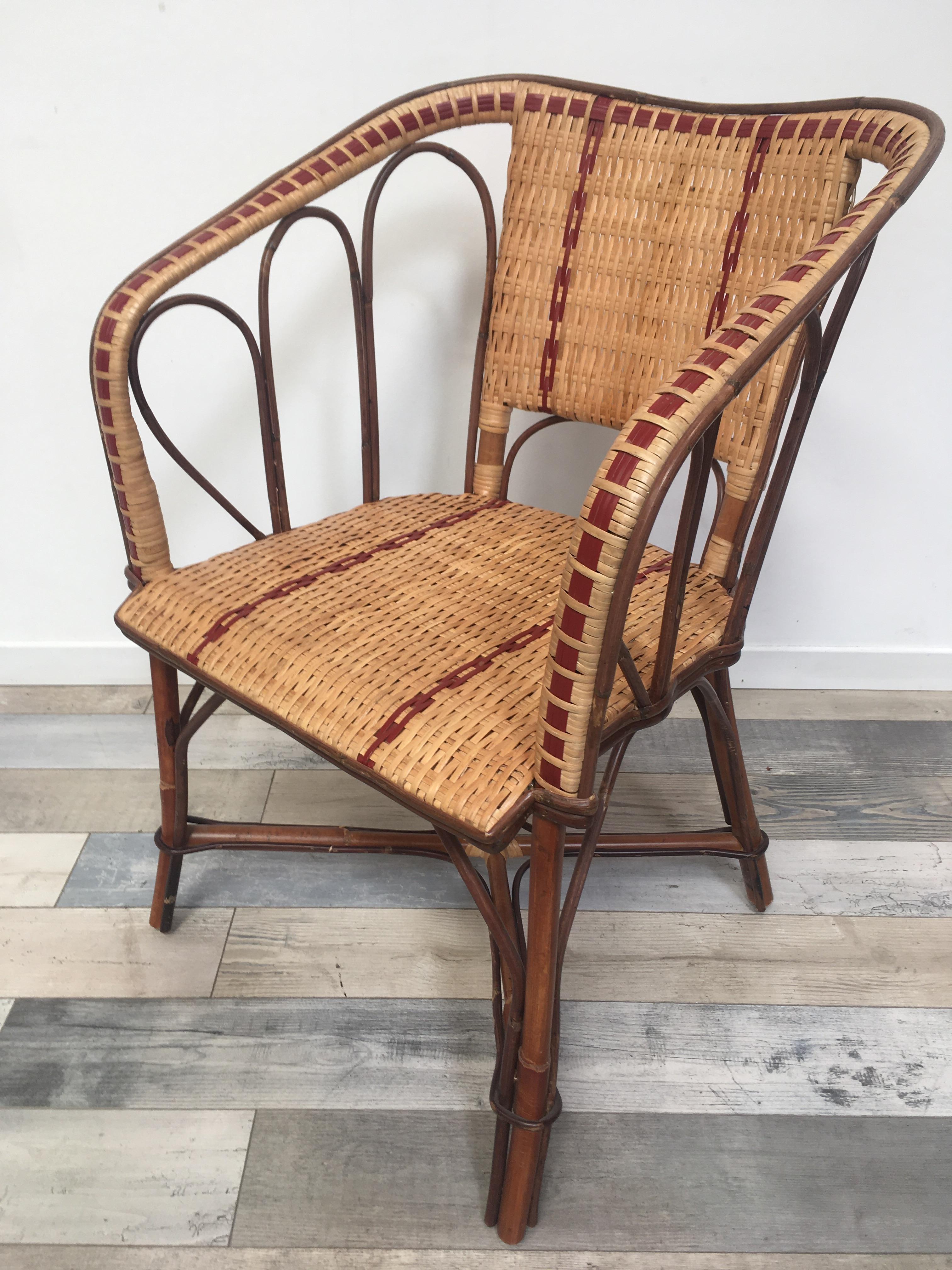 Art Deco French 1900s Design Bistro Rattan and Wicker Armchair For Sale