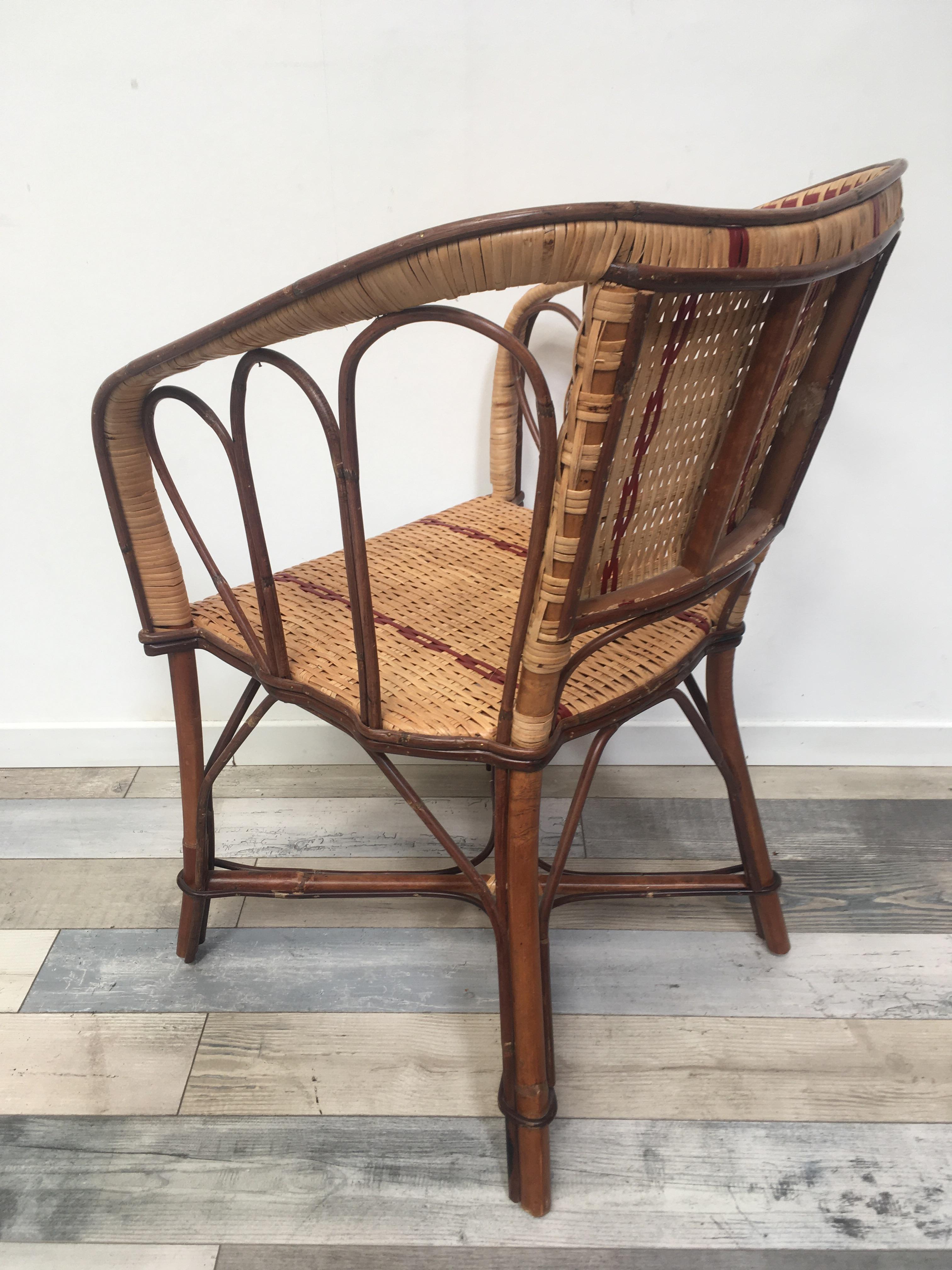 Contemporary French 1900s Design Bistro Rattan and Wicker Armchair For Sale