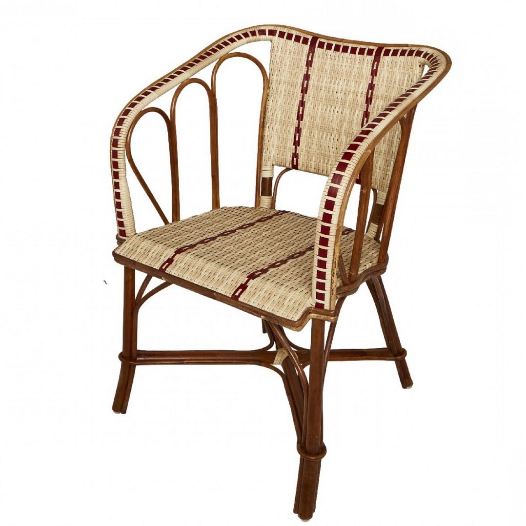 French Bistro design rattan wicker armchair composed of a rattan structure, braided resin back and seat with a red outline, famous at the beginning of the 20th century in Paris, it will be perfect in your terrace, your garden, near the swimming pool