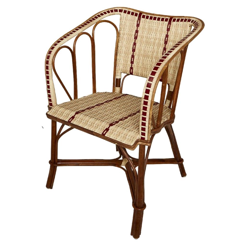 French 1900s Design Bistro Rattan Wicker and Braided Resin Outdoor Armchair For Sale