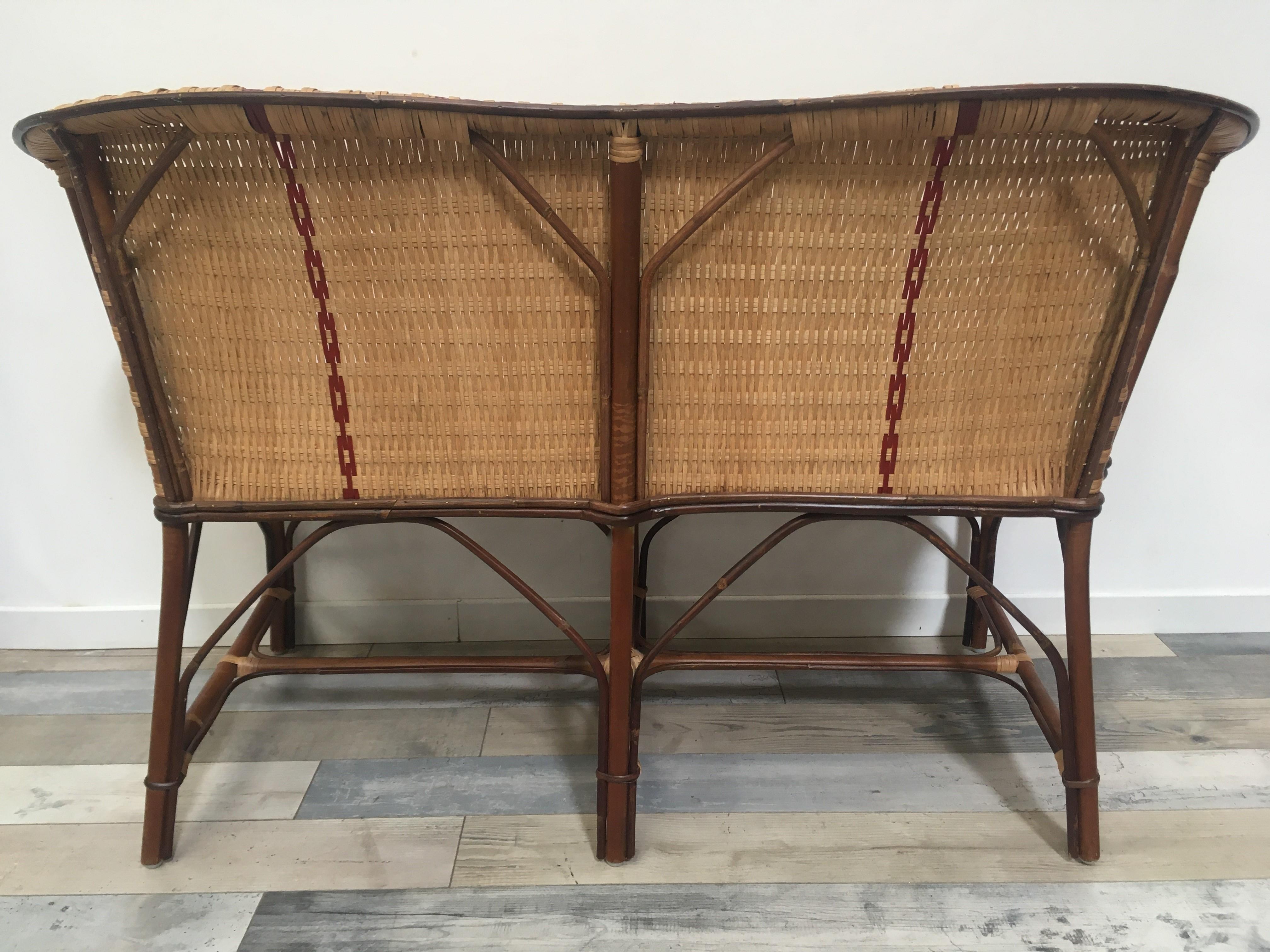 French 1900s Design Bistro Style Sofa In Rattan and Braided Wicker Cane For Sale 9