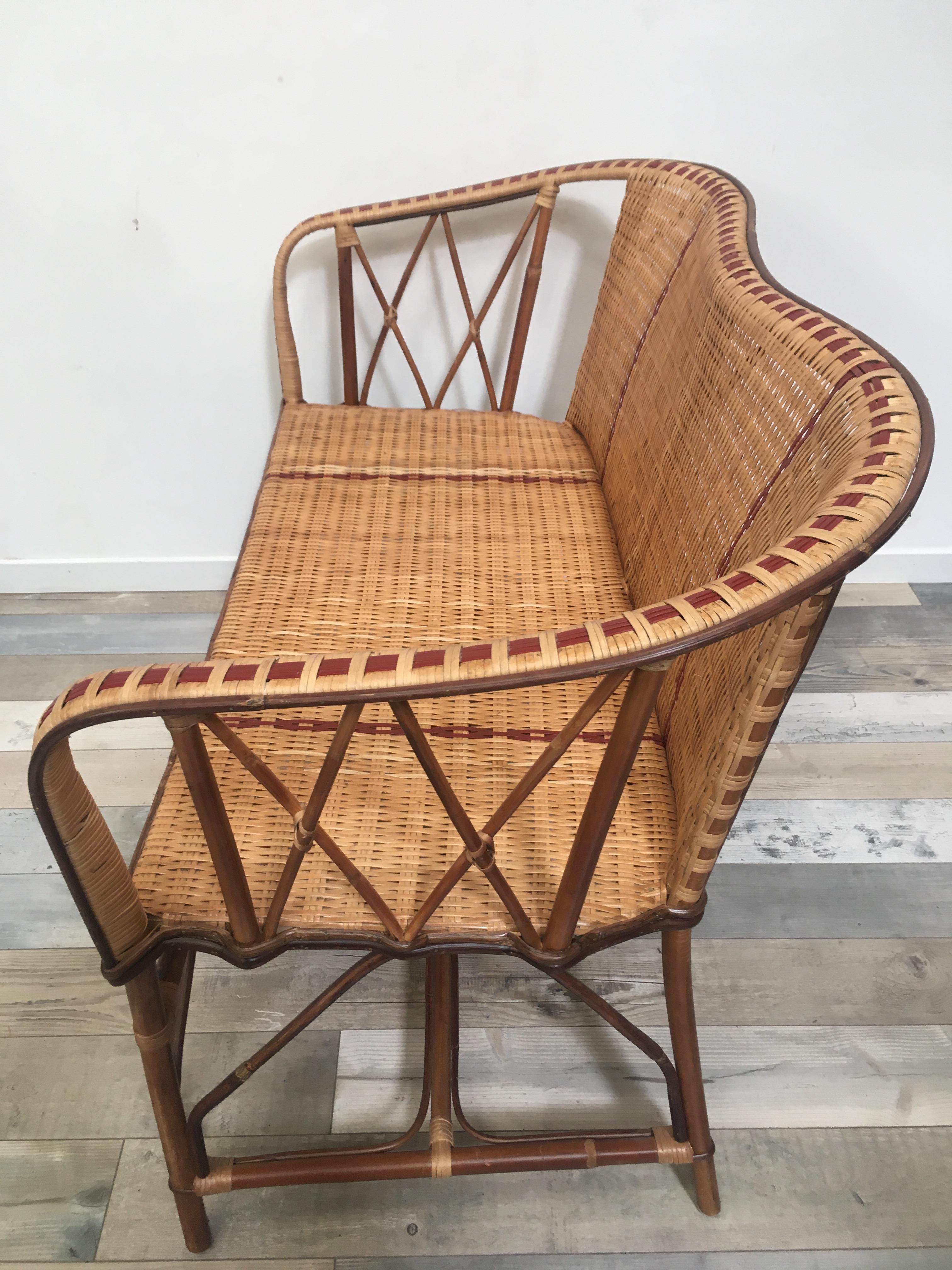 French 1900s Design Bistro Style Sofa In Rattan and Braided Wicker Cane For Sale 12