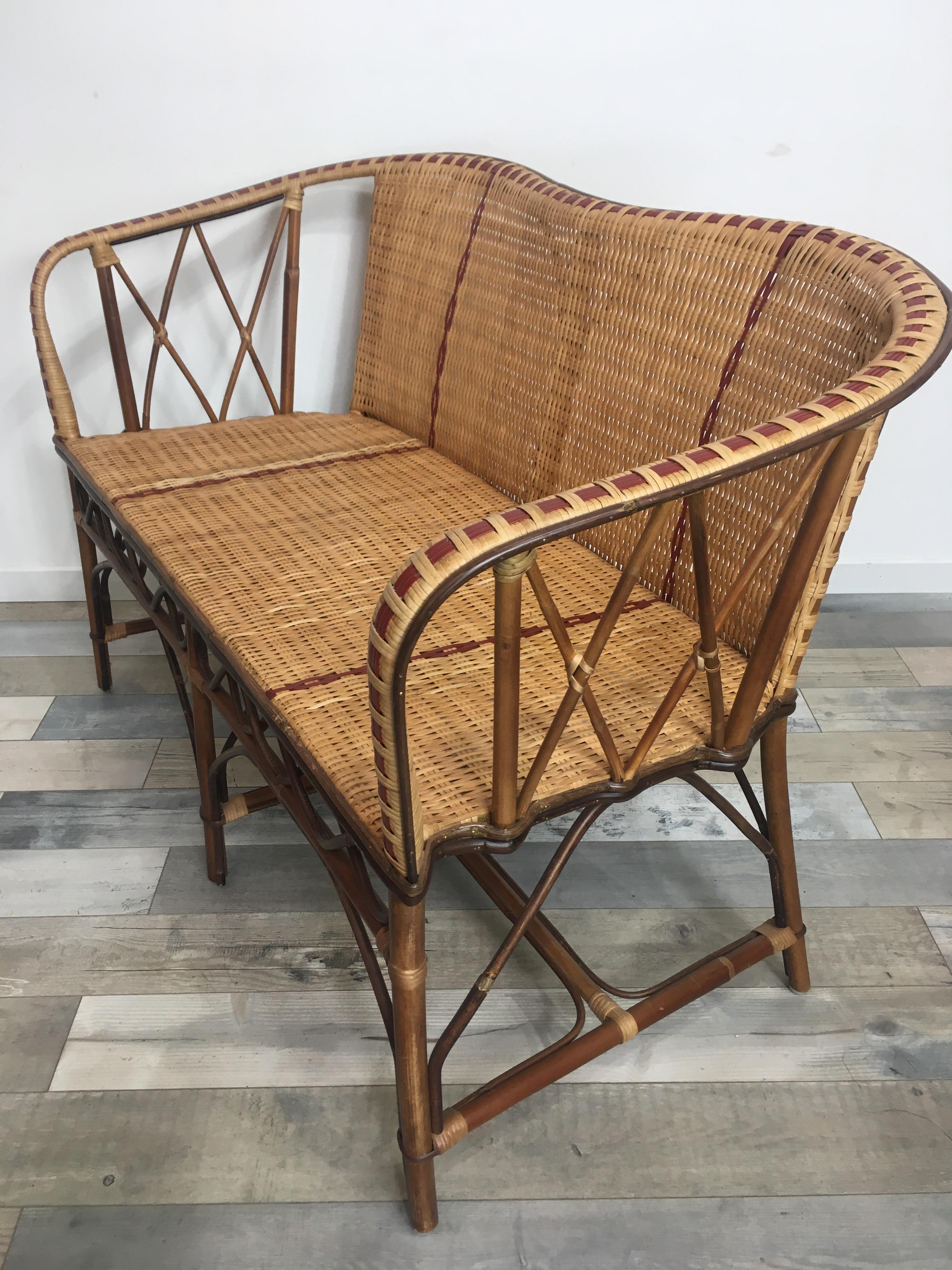 Art Nouveau French 1900s Design Bistro Style Sofa In Rattan and Braided Wicker Cane For Sale