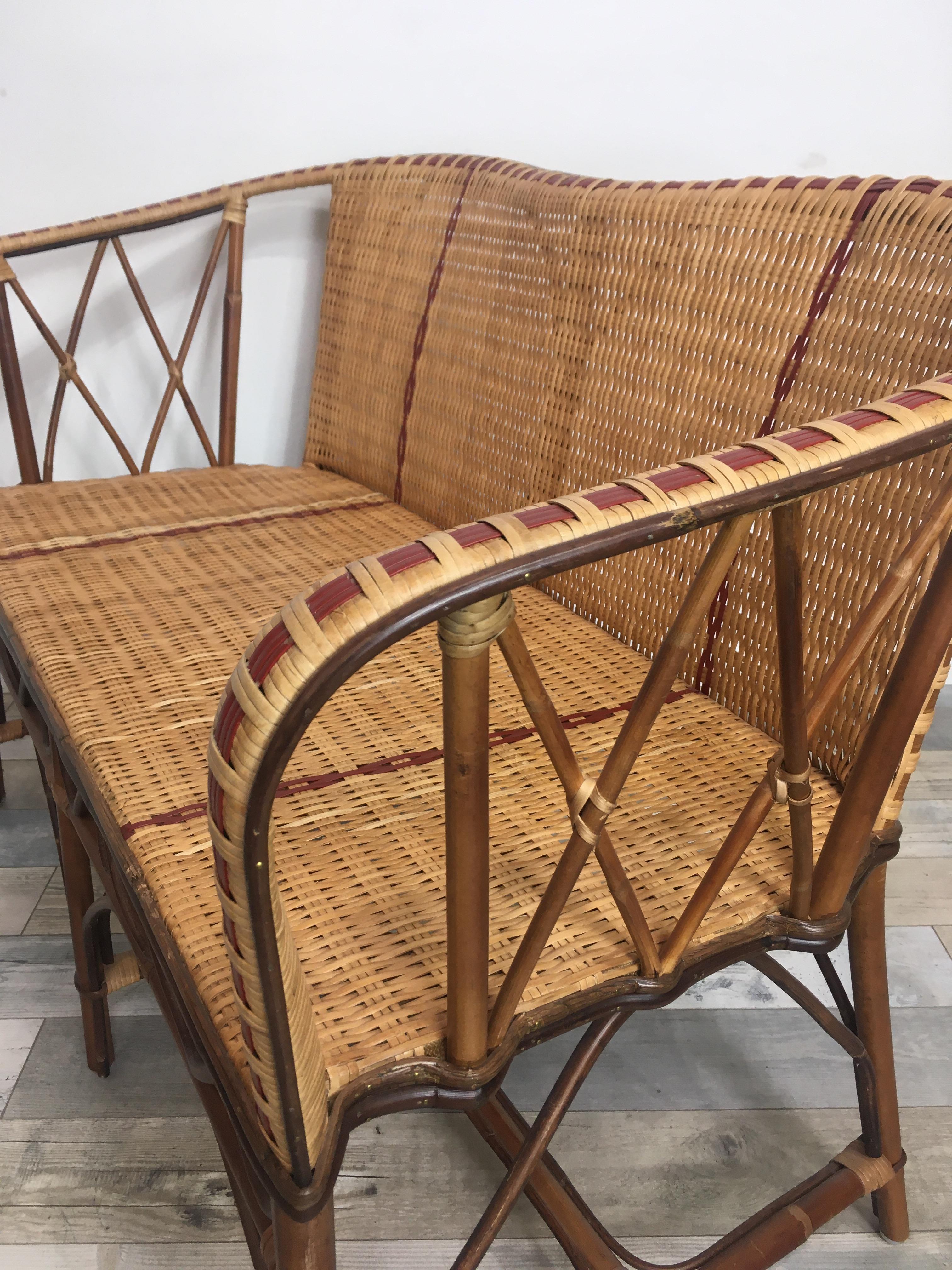 French 1900s Design Bistro Style Sofa In Rattan and Braided Wicker Cane In New Condition For Sale In Tourcoing, FR
