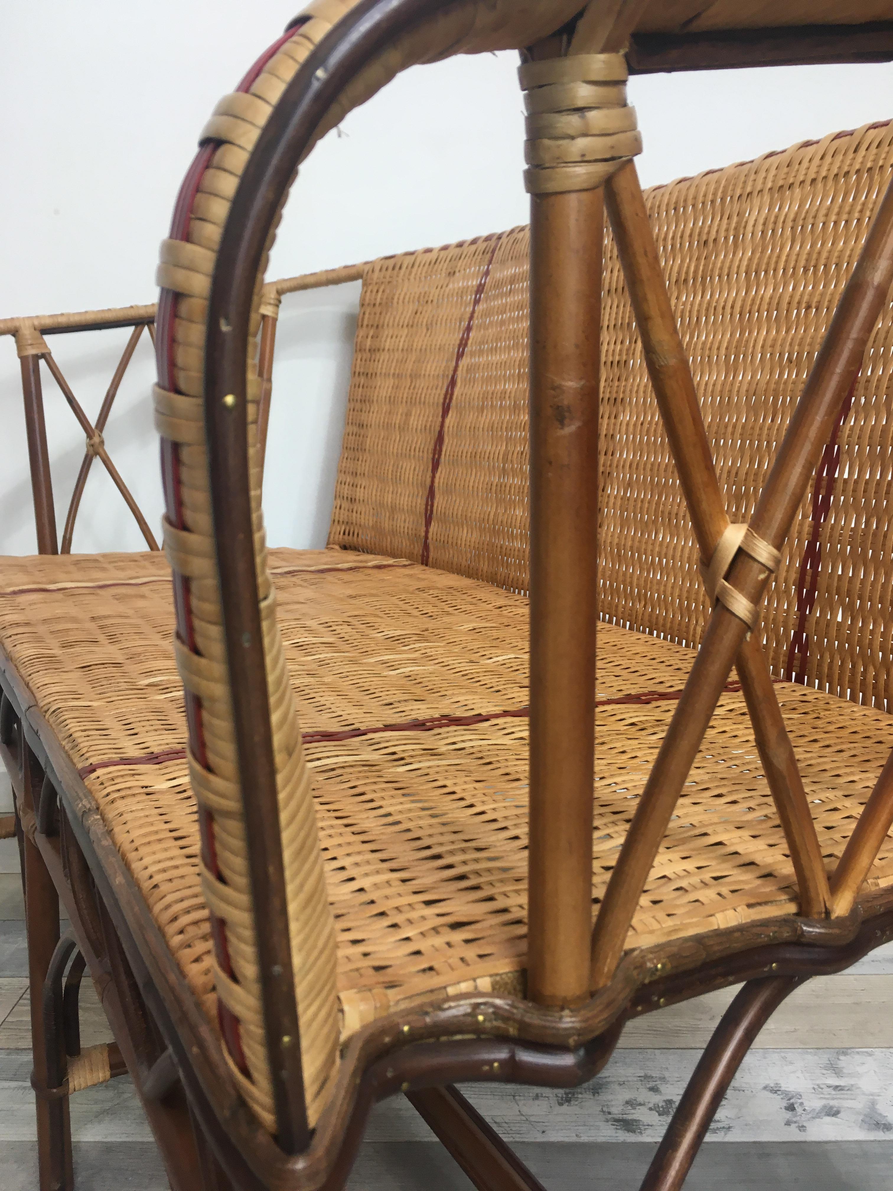 Contemporary French 1900s Design Bistro Style Sofa In Rattan and Braided Wicker Cane For Sale