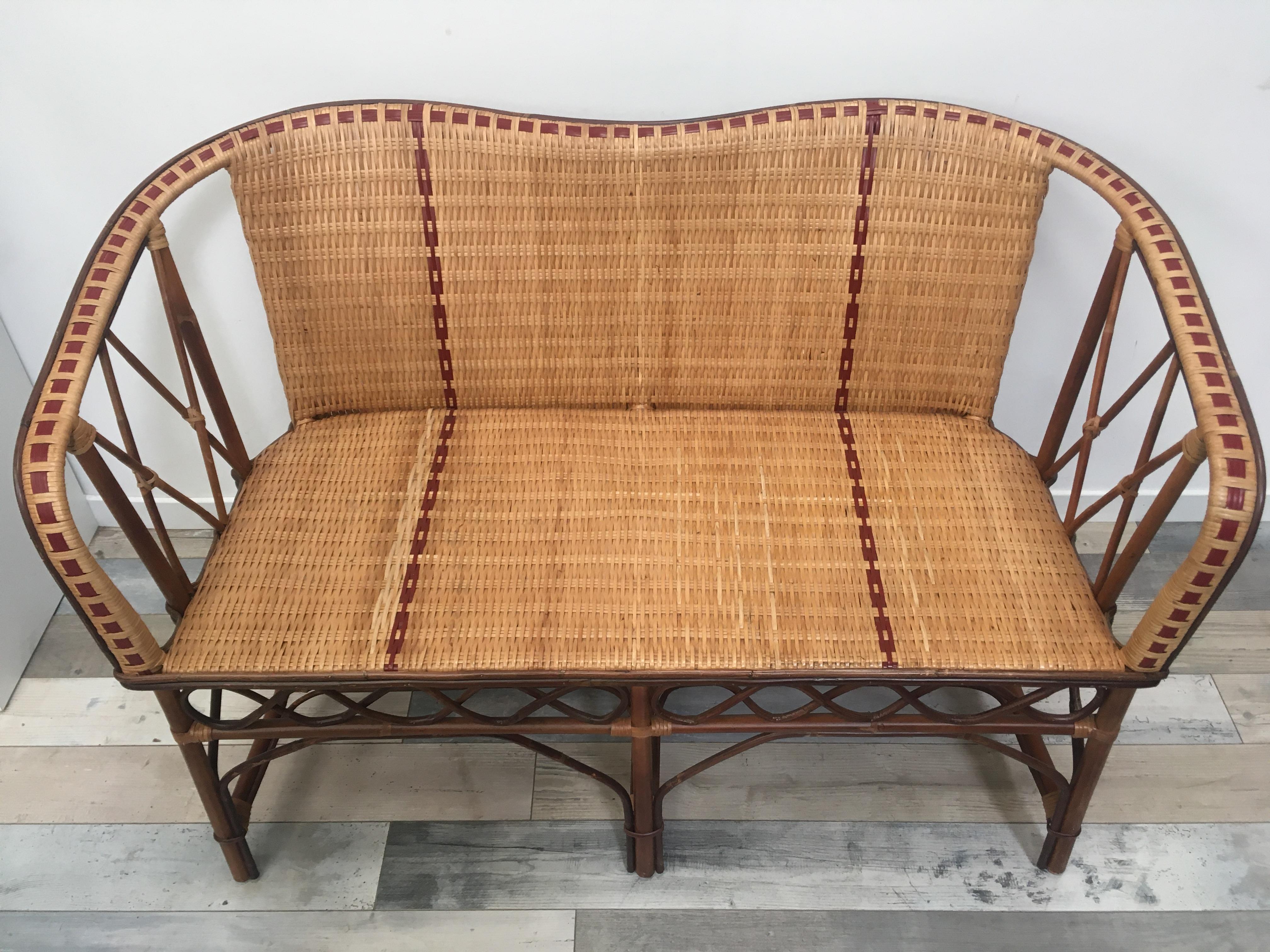 French 1900s Design Bistro Style Sofa In Rattan and Braided Wicker Cane For Sale 2