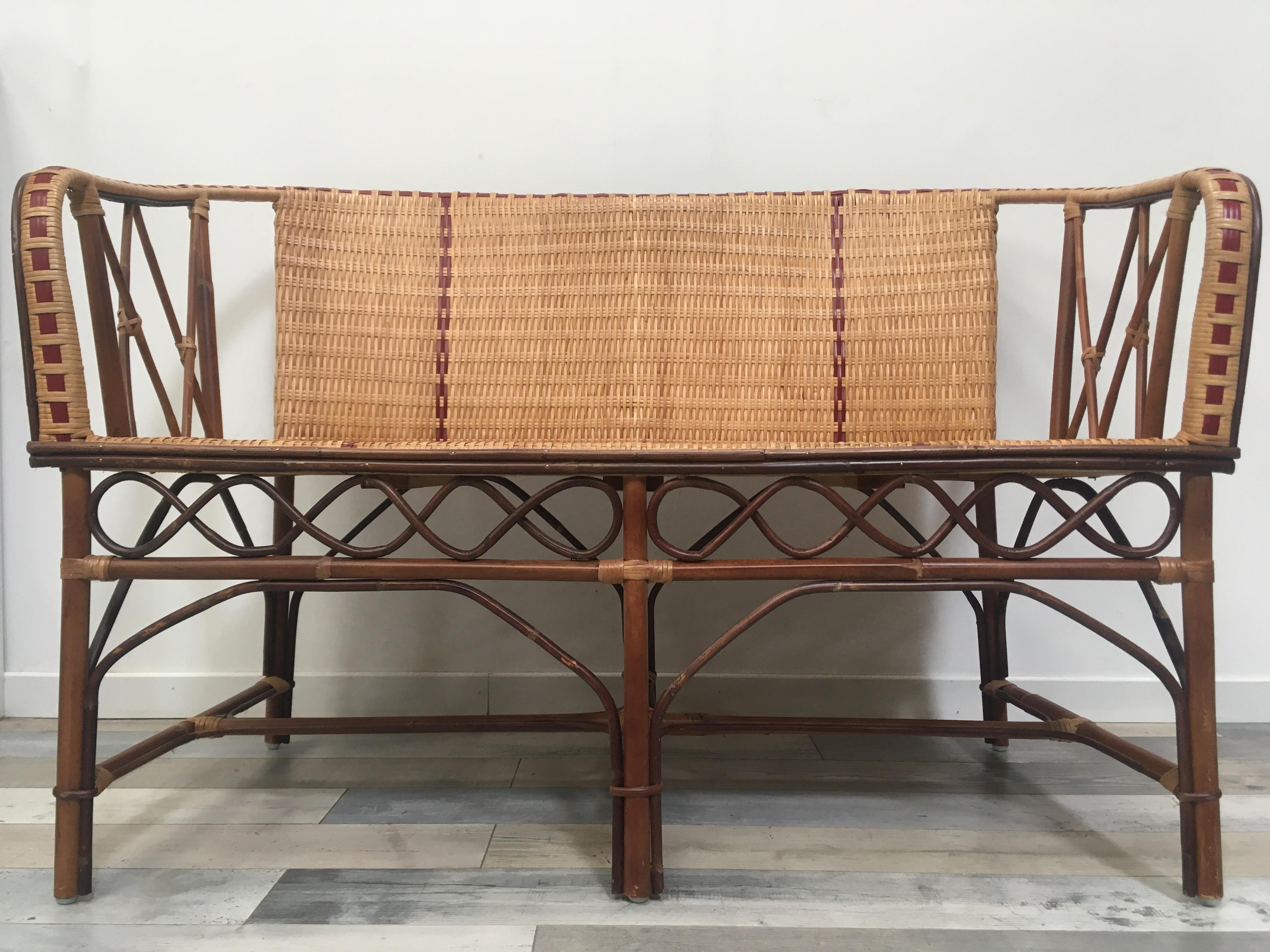 French 1900s Design Bistro Style Sofa In Rattan and Braided Wicker Cane For Sale 3