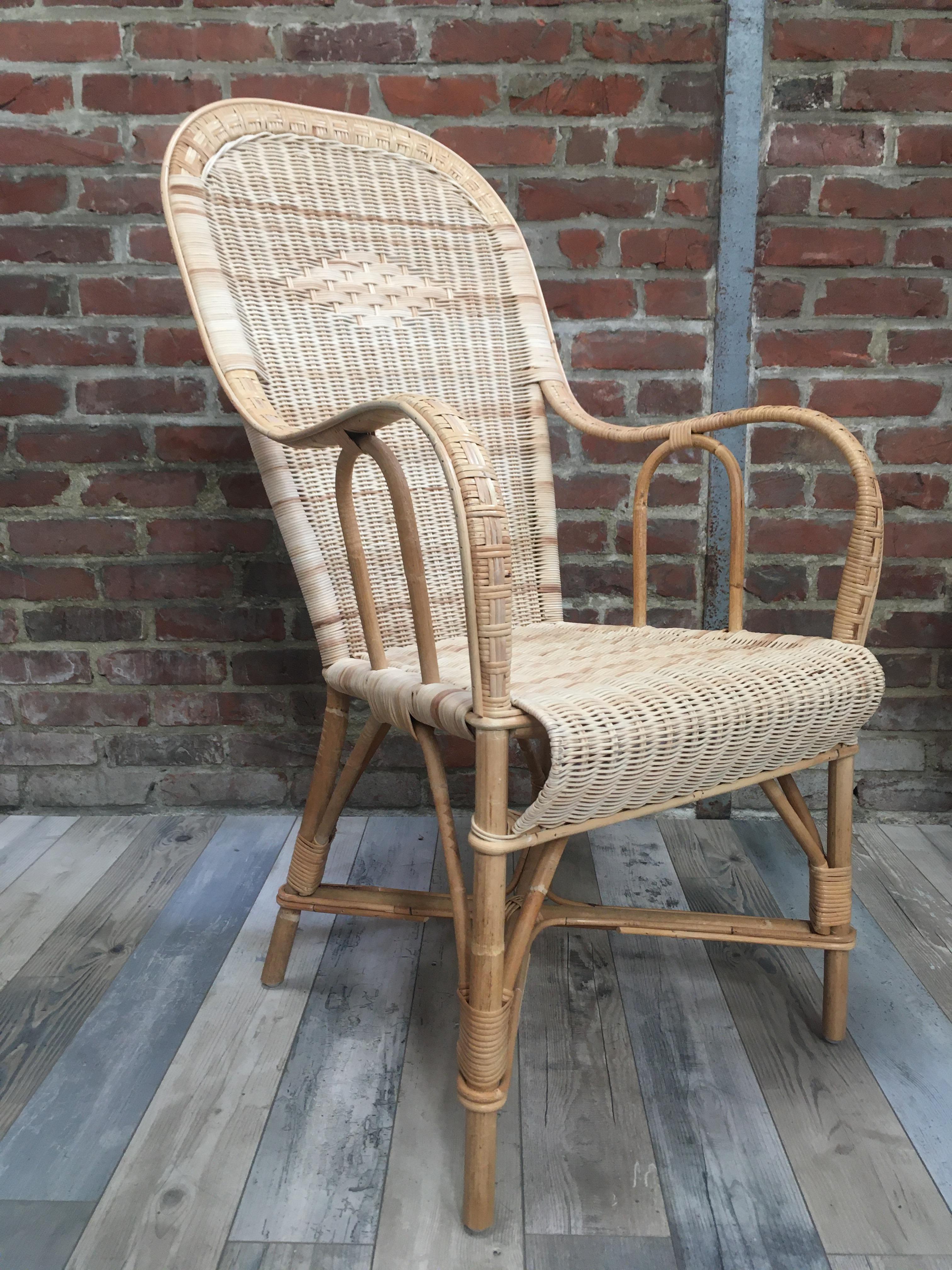 French 1900s Design Rattan and Braided Rattan Wicker Cane Armchair For Sale 5