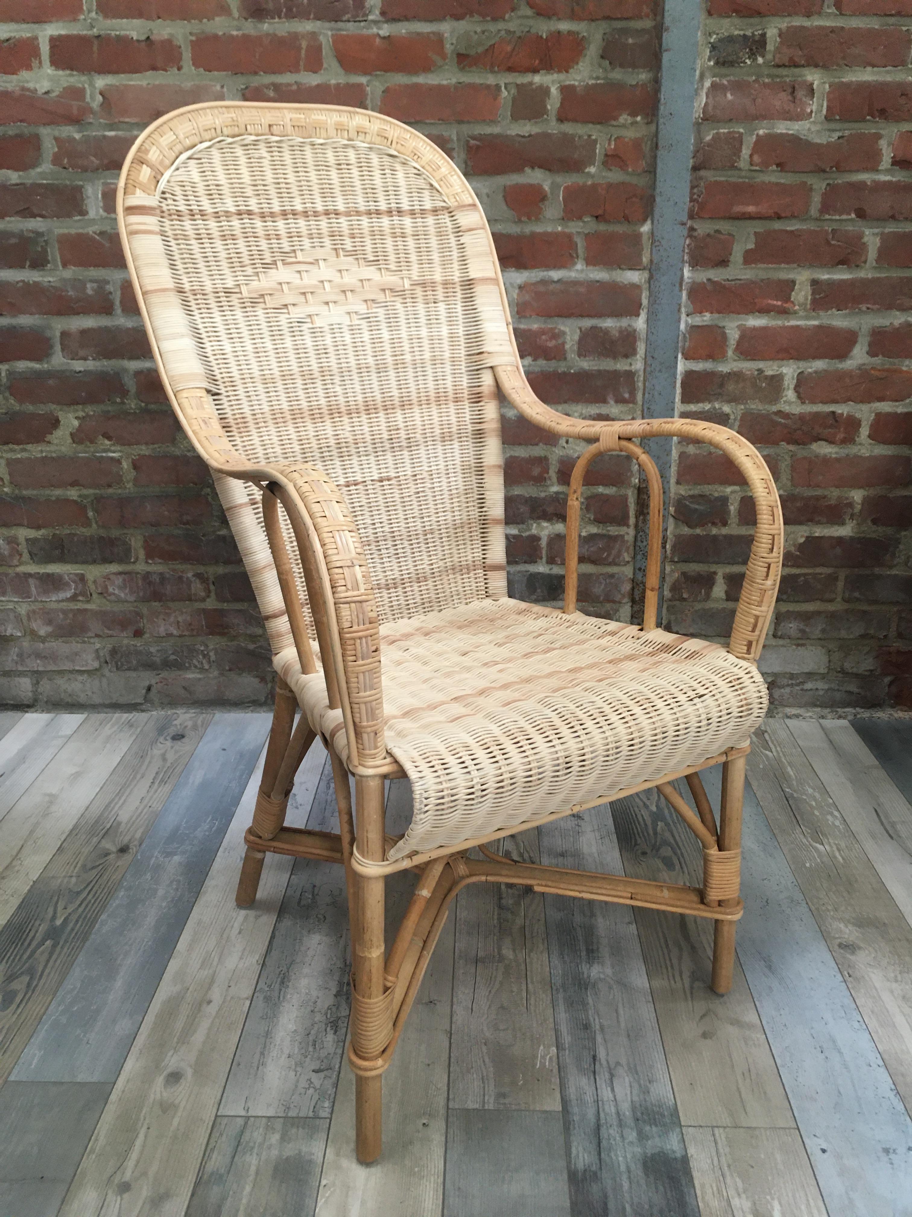 French 1900s Design Rattan and Braided Rattan Wicker Cane Armchair For Sale 6