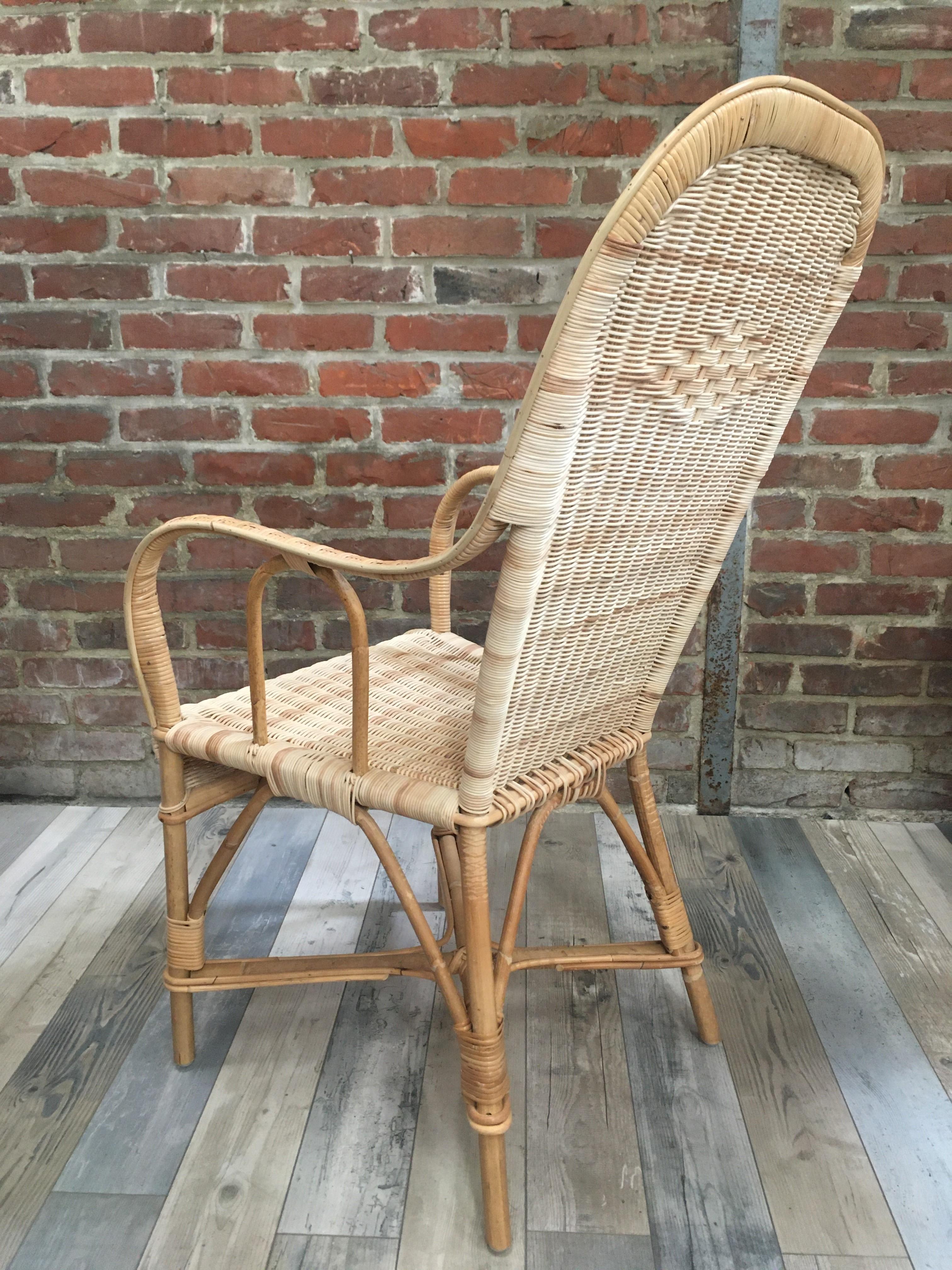 Art Nouveau French 1900s Design Rattan and Braided Rattan Wicker Cane Armchair For Sale