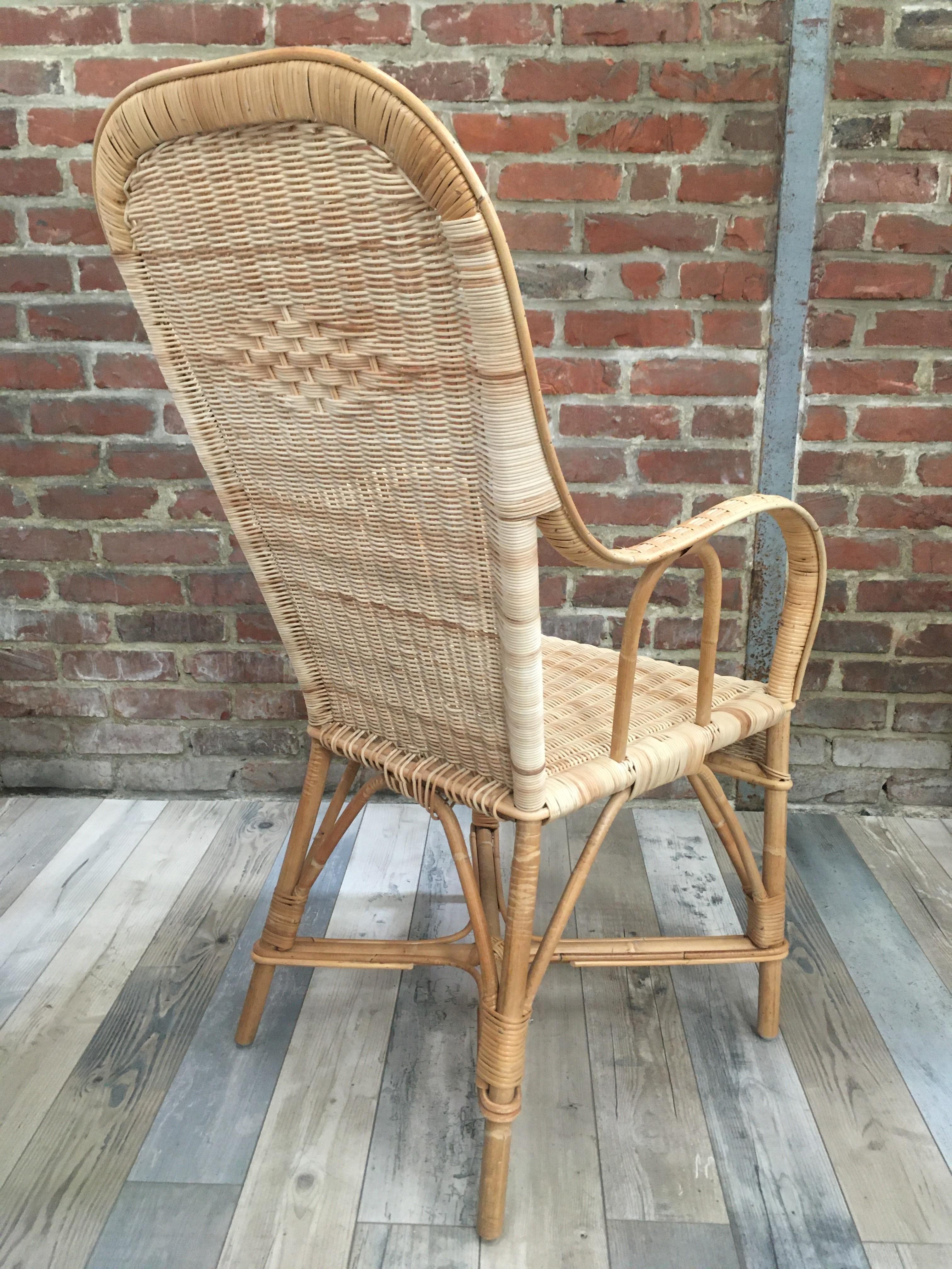 Contemporary French 1900s Design Rattan and Braided Rattan Wicker Cane Armchair For Sale