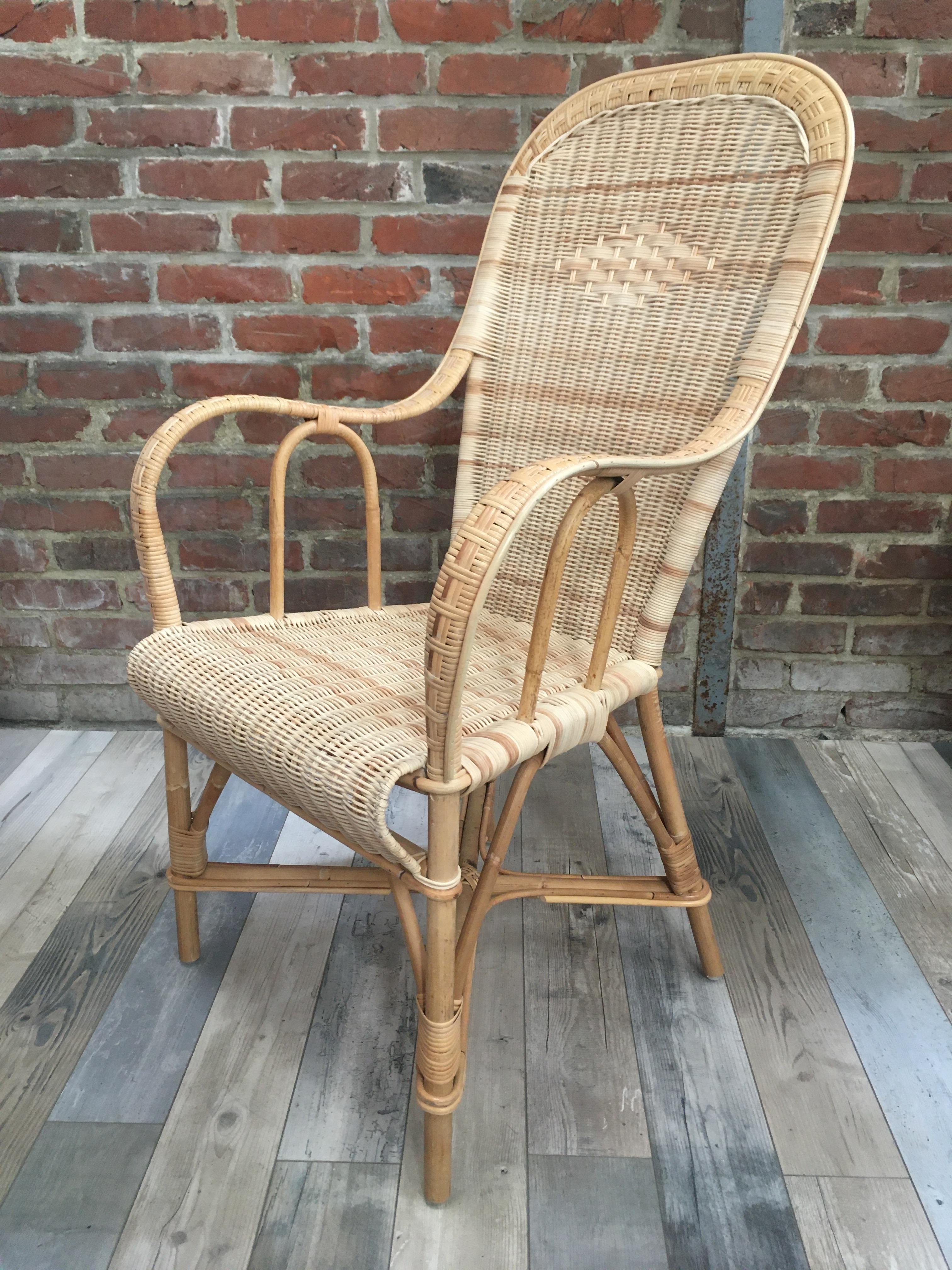 French 1900s Design Rattan and Braided Rattan Wicker Cane Armchair For Sale 2