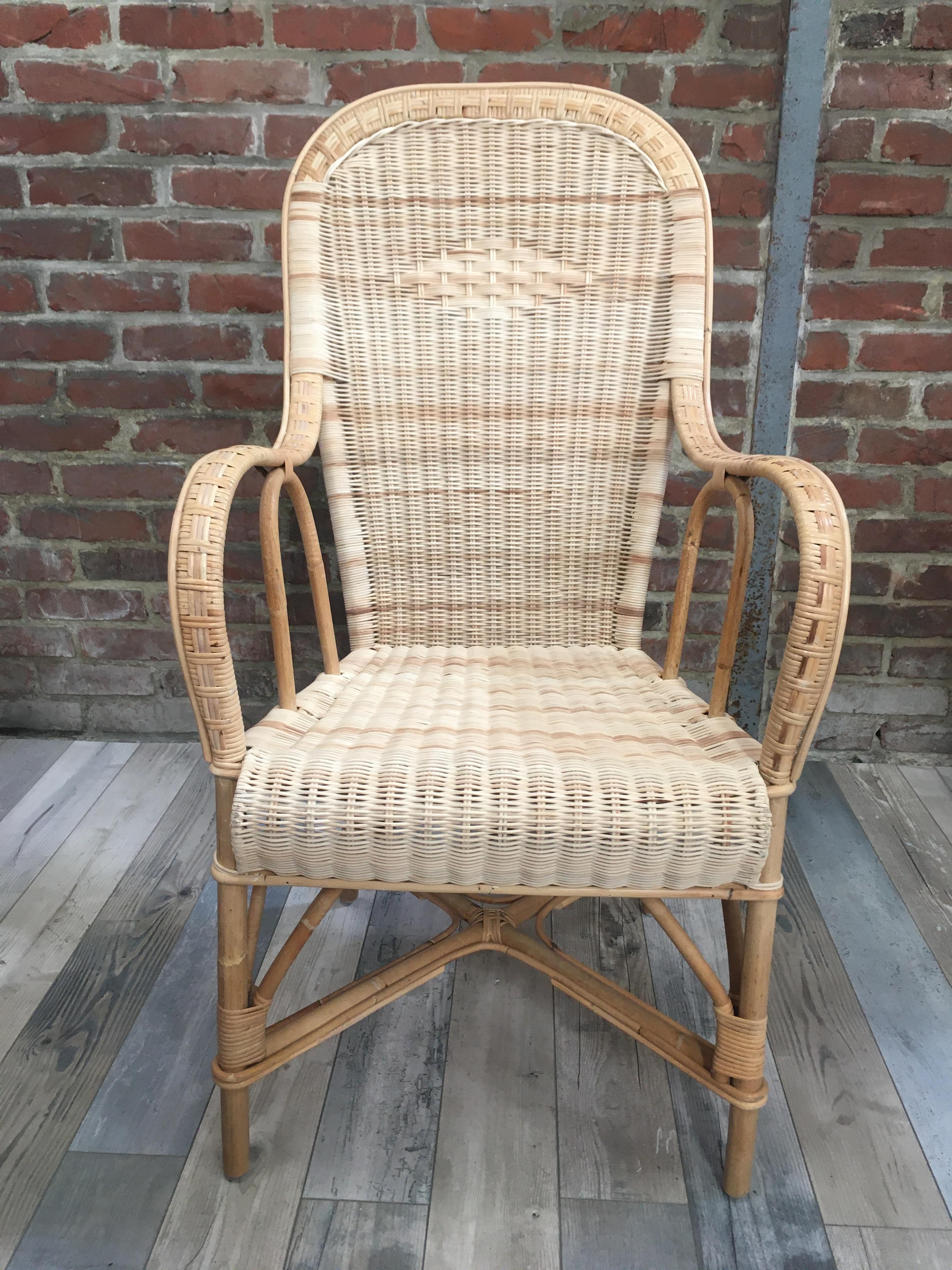 French 1900s Design Rattan and Braided Rattan Wicker Cane Armchair For Sale 3