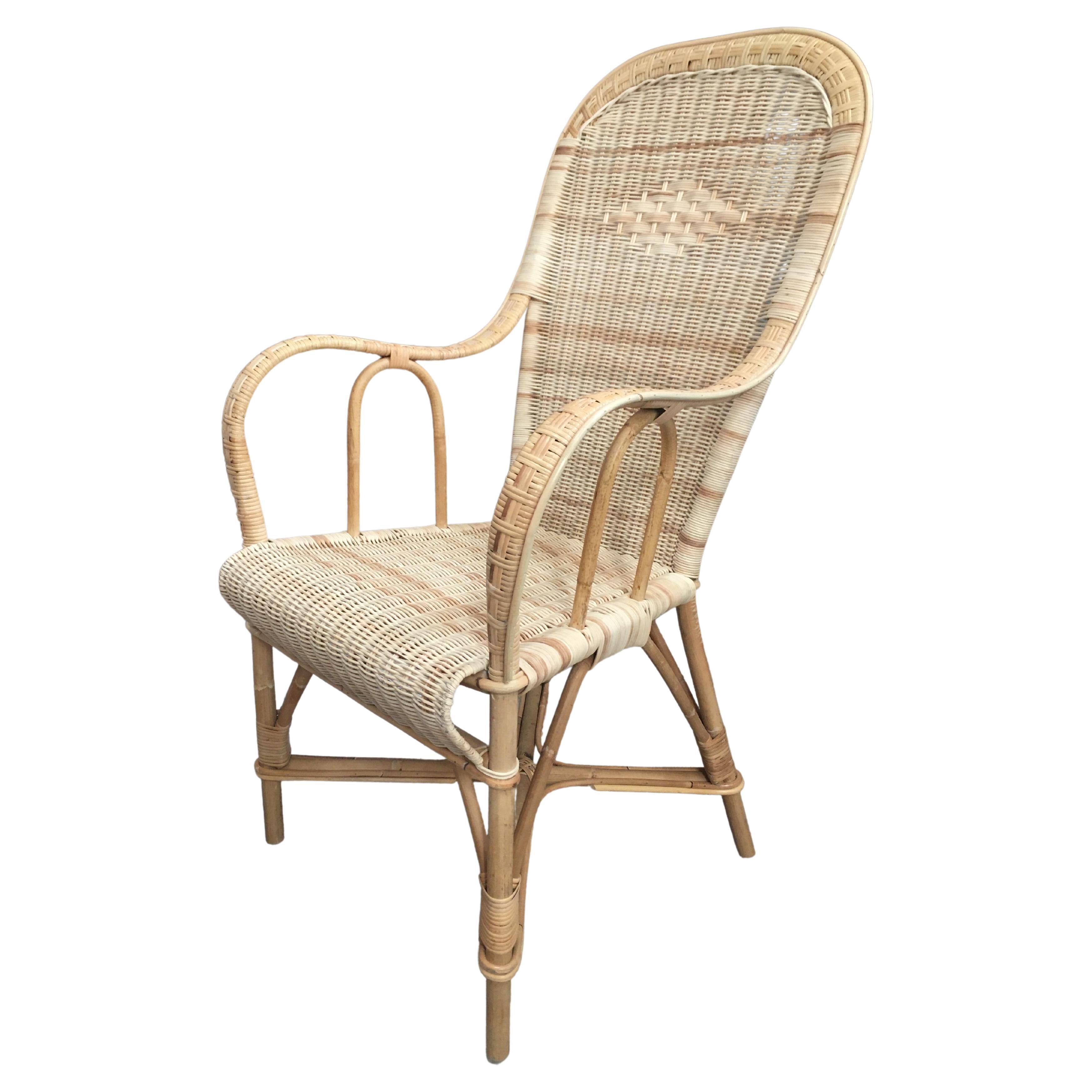 French 1900s Design Rattan and Braided Rattan Wicker Cane Armchair For Sale