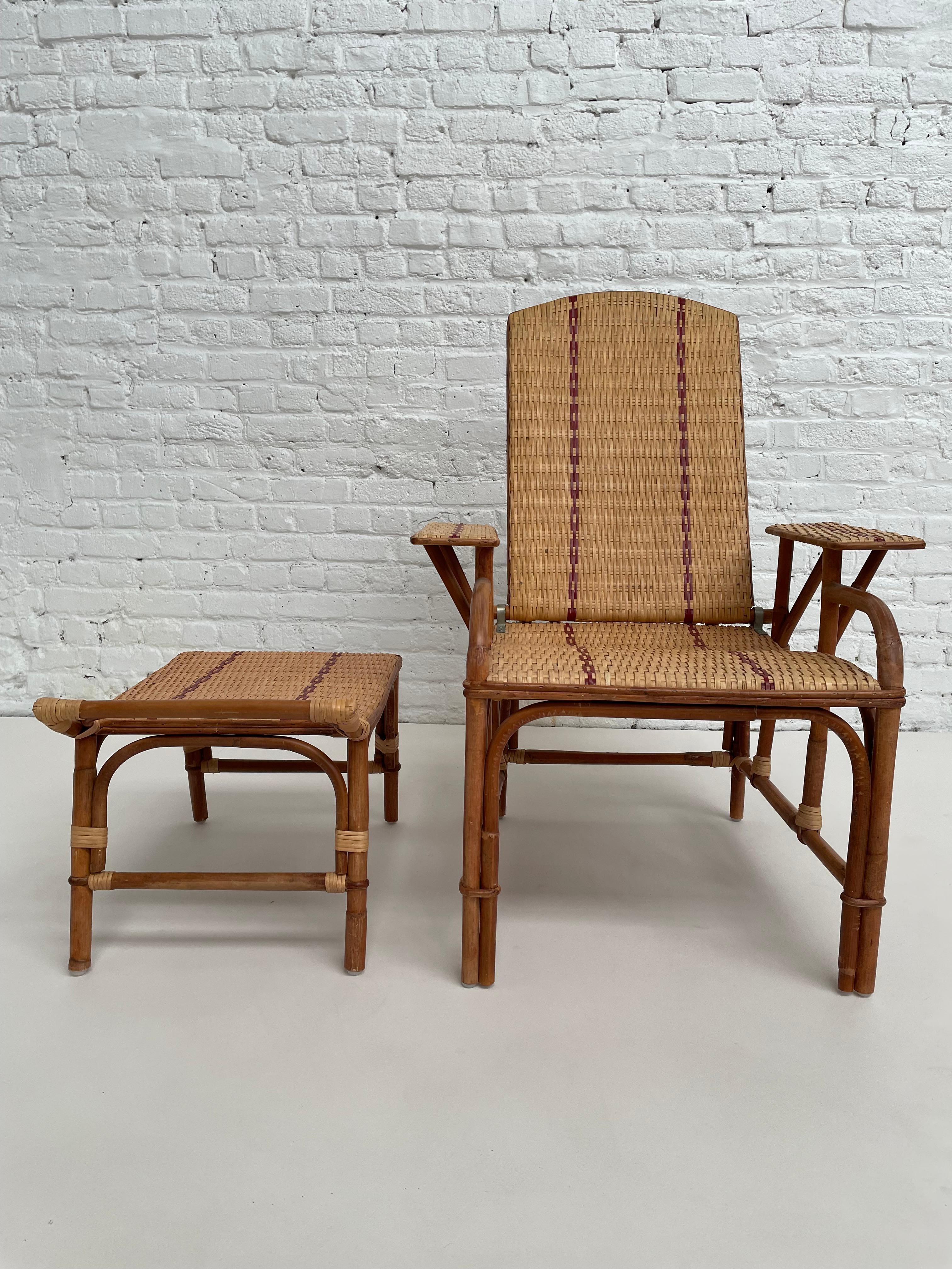 Art déco Français, années 1900, Design Rattan et Osier Recliner Relax Chaise Longue en vente