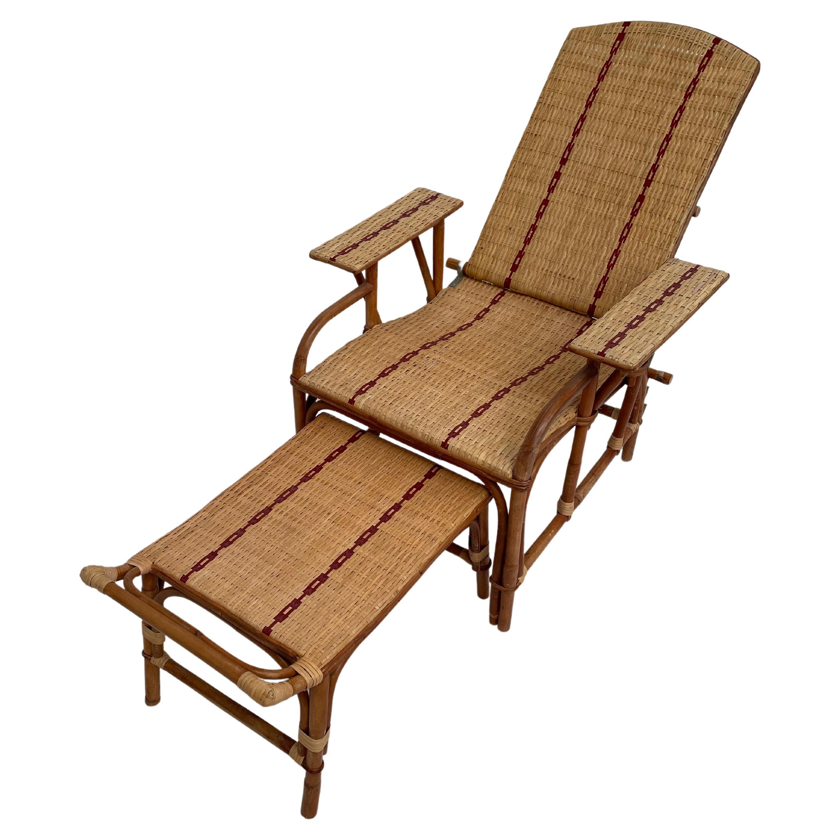 French, 1900s, Design Rattan and Wicker Recliner Relax Chaise Longue For Sale