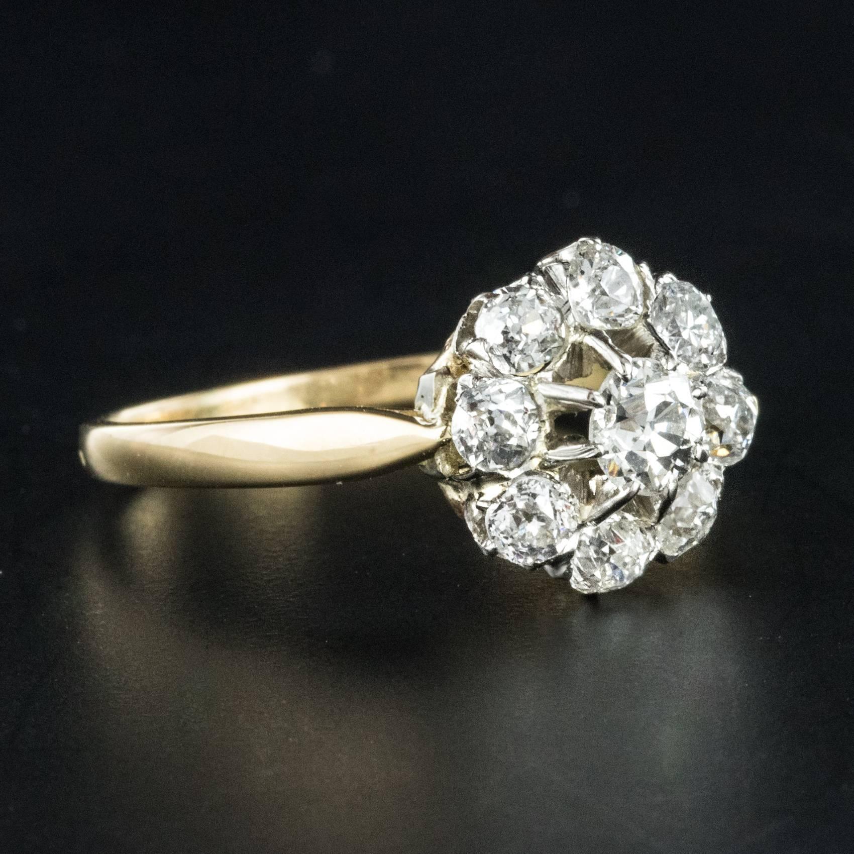 Women's French 1900s Diamond 18 Karat Yellow Gold Cluster Ring
