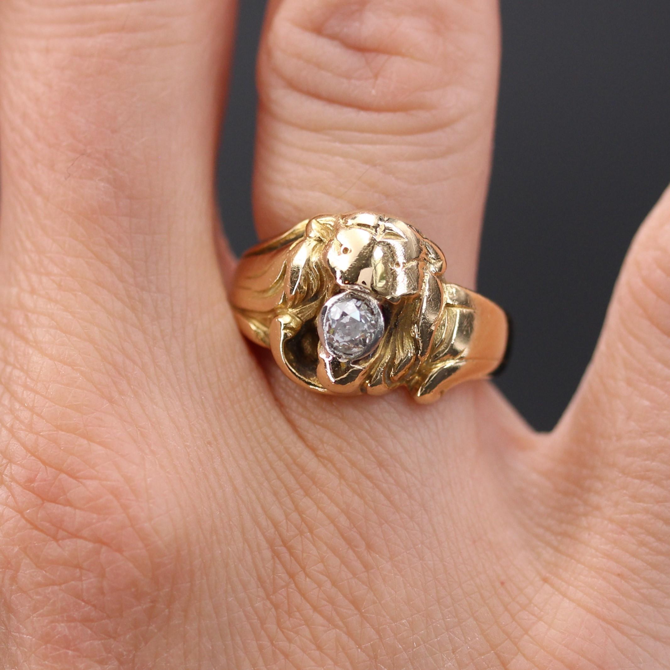 French, 1900s, Diamond 18 Karat Yellow Gold Lion Ring For Sale 1