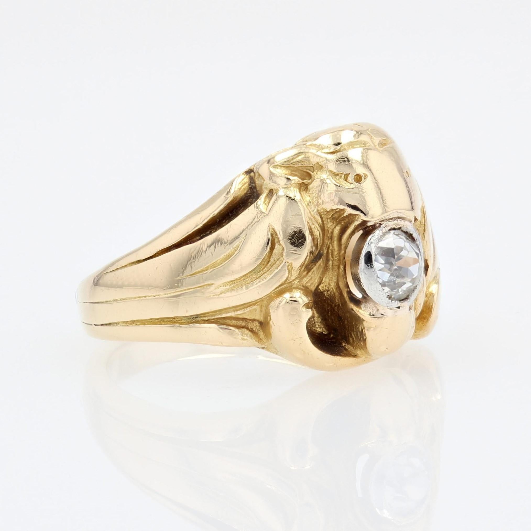 French, 1900s, Diamond 18 Karat Yellow Gold Lion Ring For Sale 2