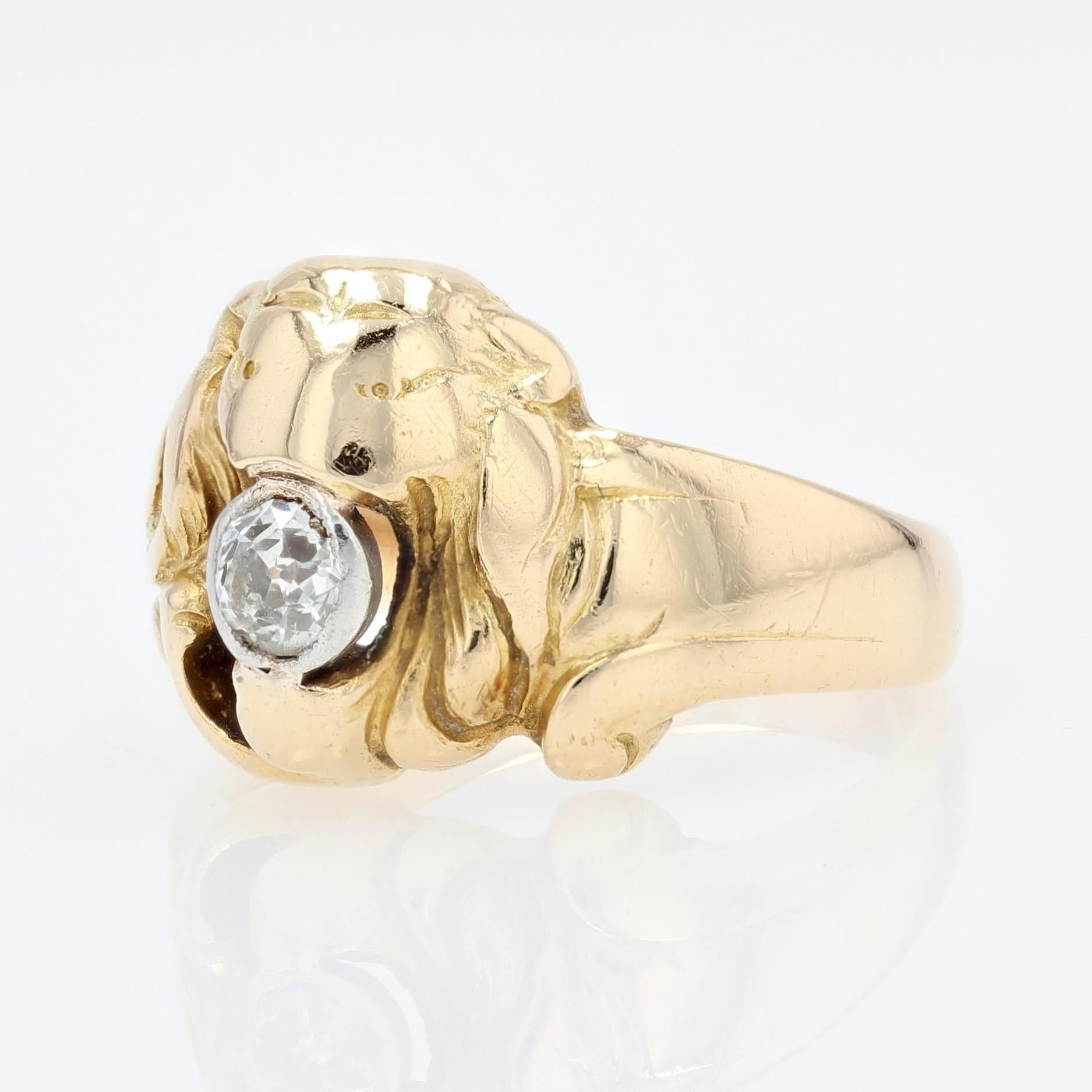 French, 1900s, Diamond 18 Karat Yellow Gold Lion Ring In Good Condition For Sale In Poitiers, FR