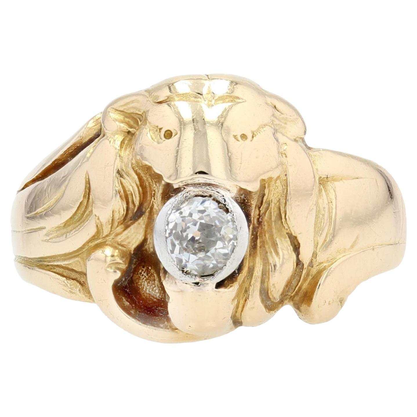 French, 1900s, Diamond 18 Karat Yellow Gold Lion Ring