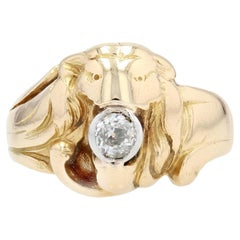 French, 1900s, Diamond 18 Karat Yellow Gold Lion Ring