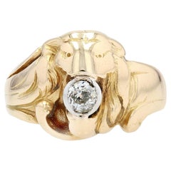 French, 1900s, Diamond 18 Karat Yellow Gold Lion Ring