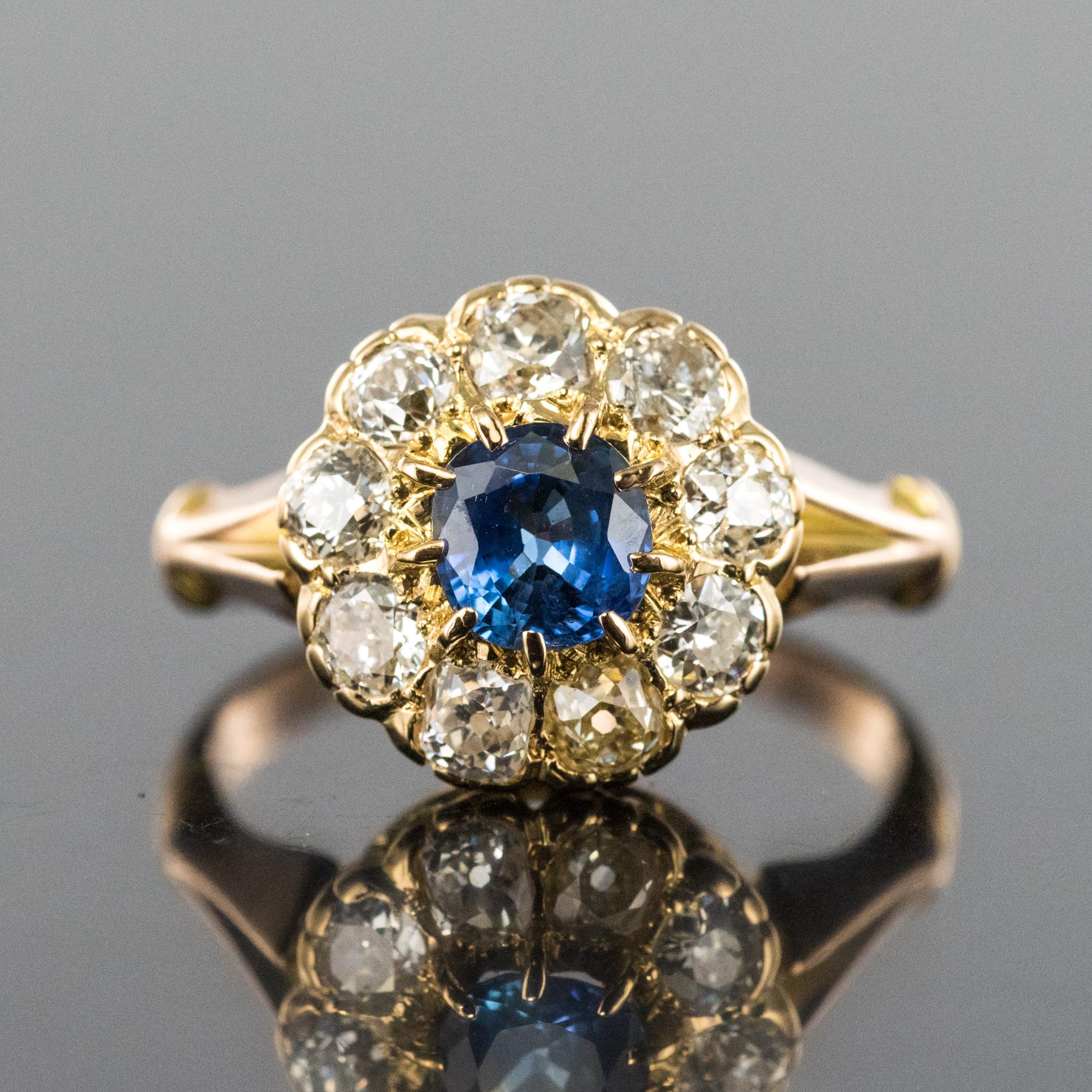 Belle Époque French 1900s Diamonds 1.22 Carat Sapphire Daisy Ring