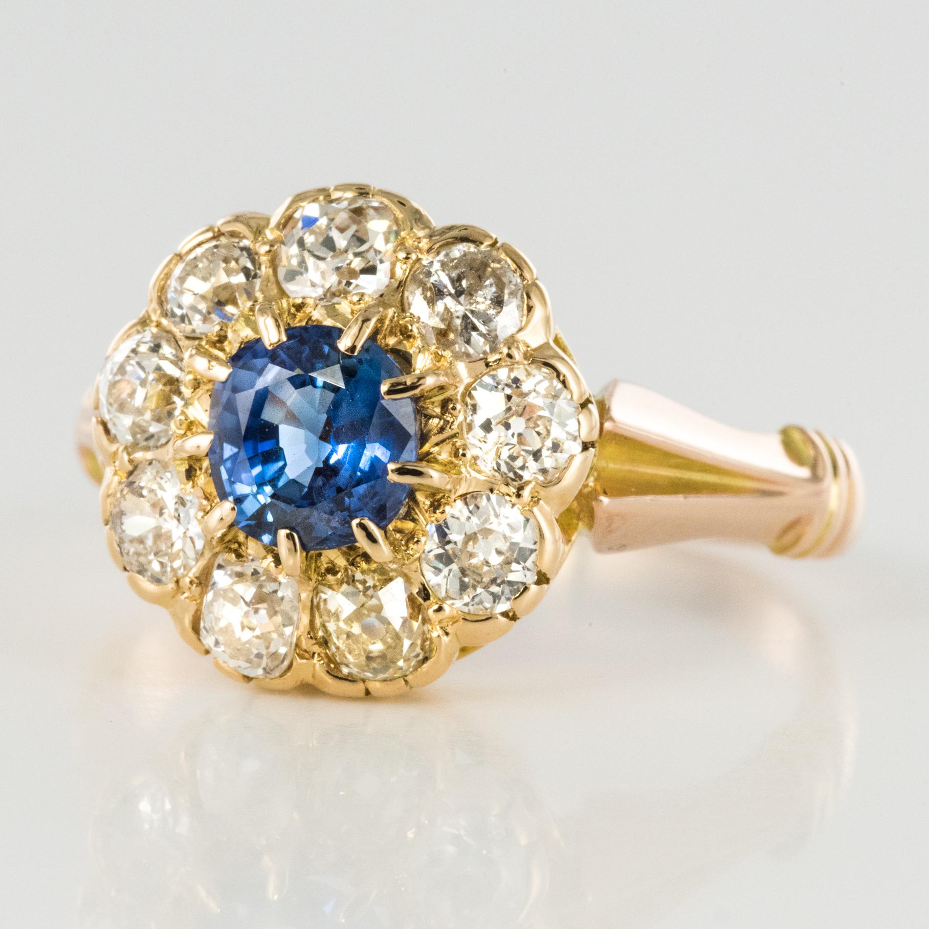 French 1900s Diamonds 1.22 Carat Sapphire Daisy Ring 1