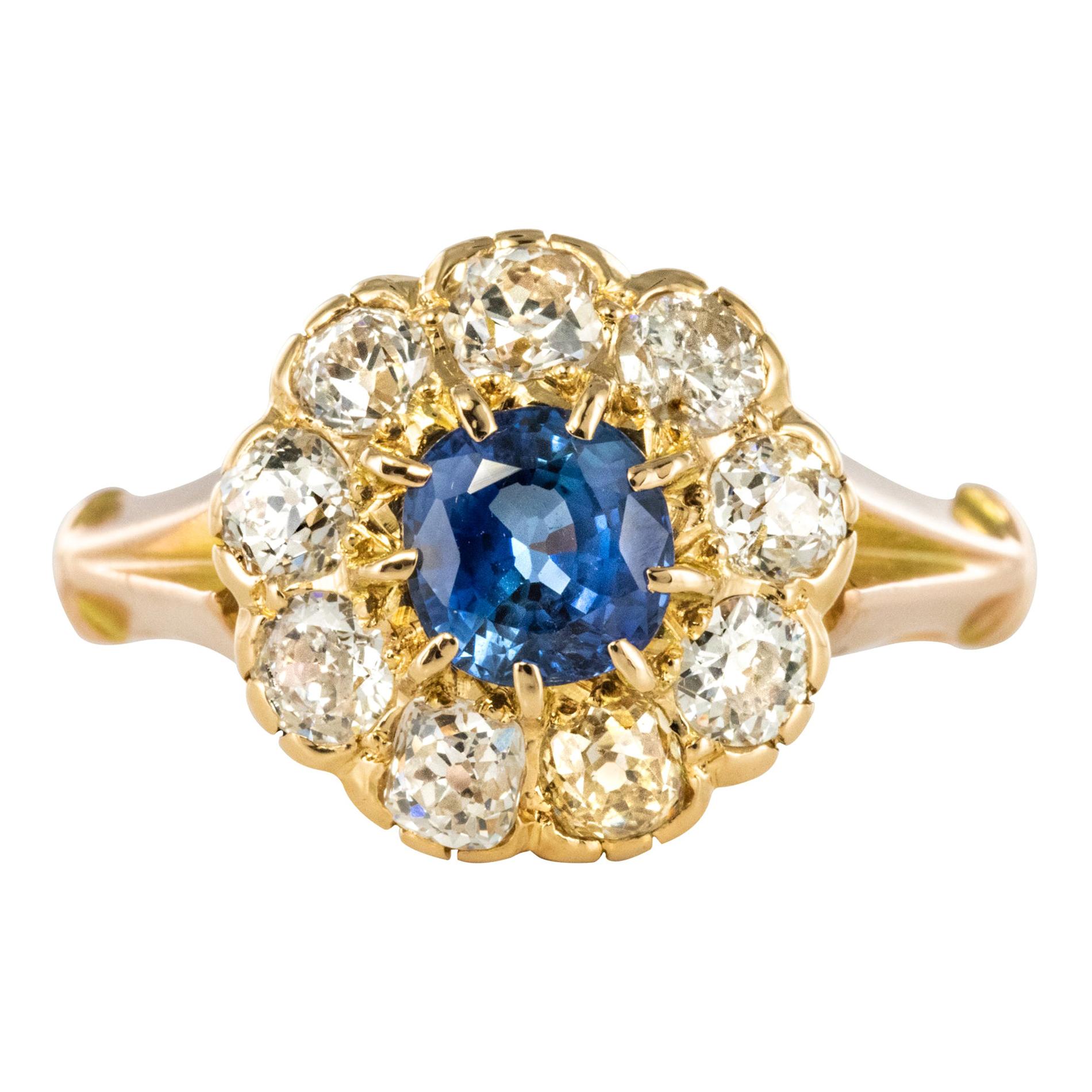 French 1900s Diamonds 1.22 Carat Sapphire Daisy Ring