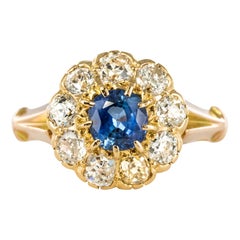 Antique French 1900s Diamonds 1.22 Carat Sapphire Daisy Ring