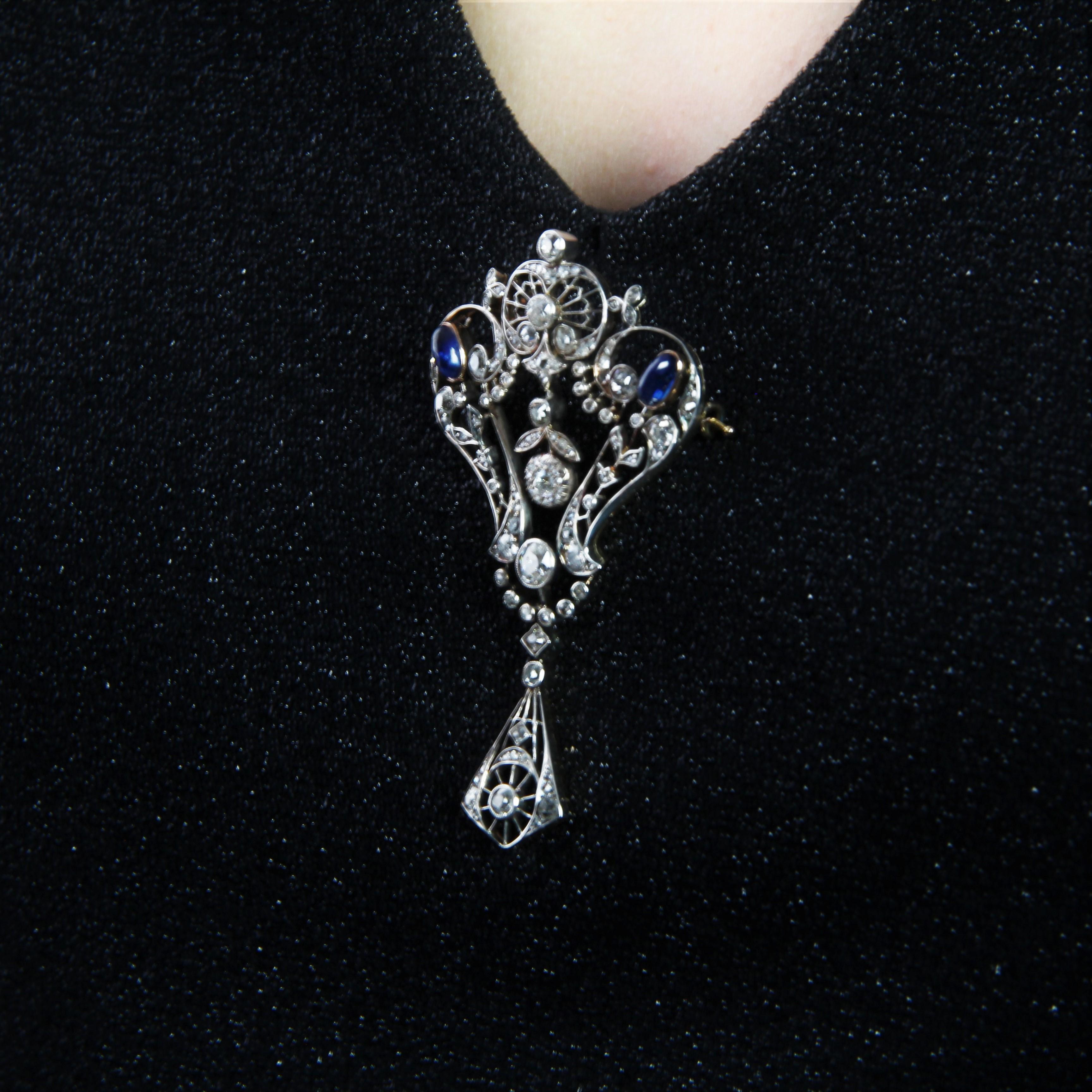 1900s Diamonds Sapphire Cabochon Rose Gold Lace Brooch For Sale 5