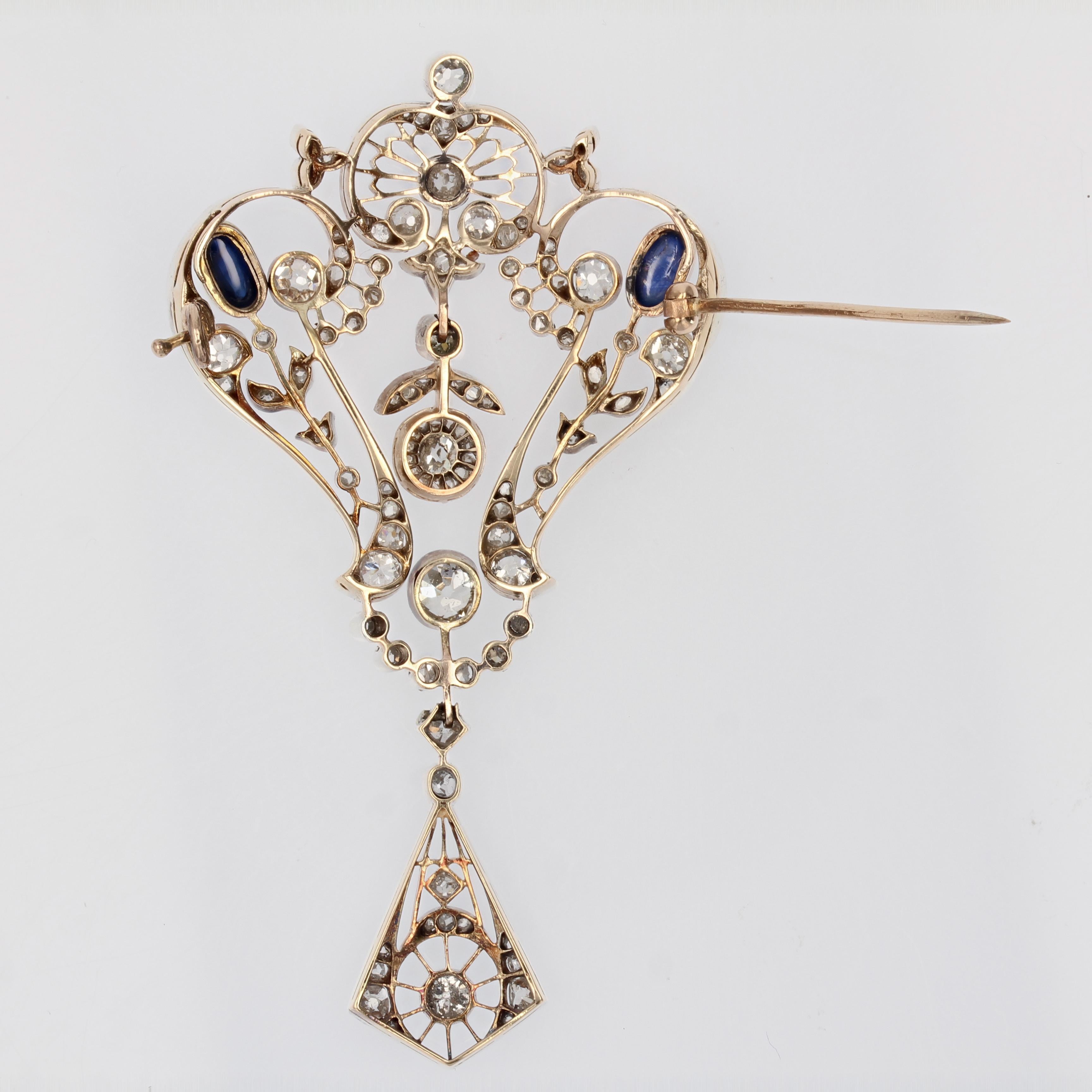 1900s Diamonds Sapphire Cabochon Rose Gold Lace Brooch For Sale 6