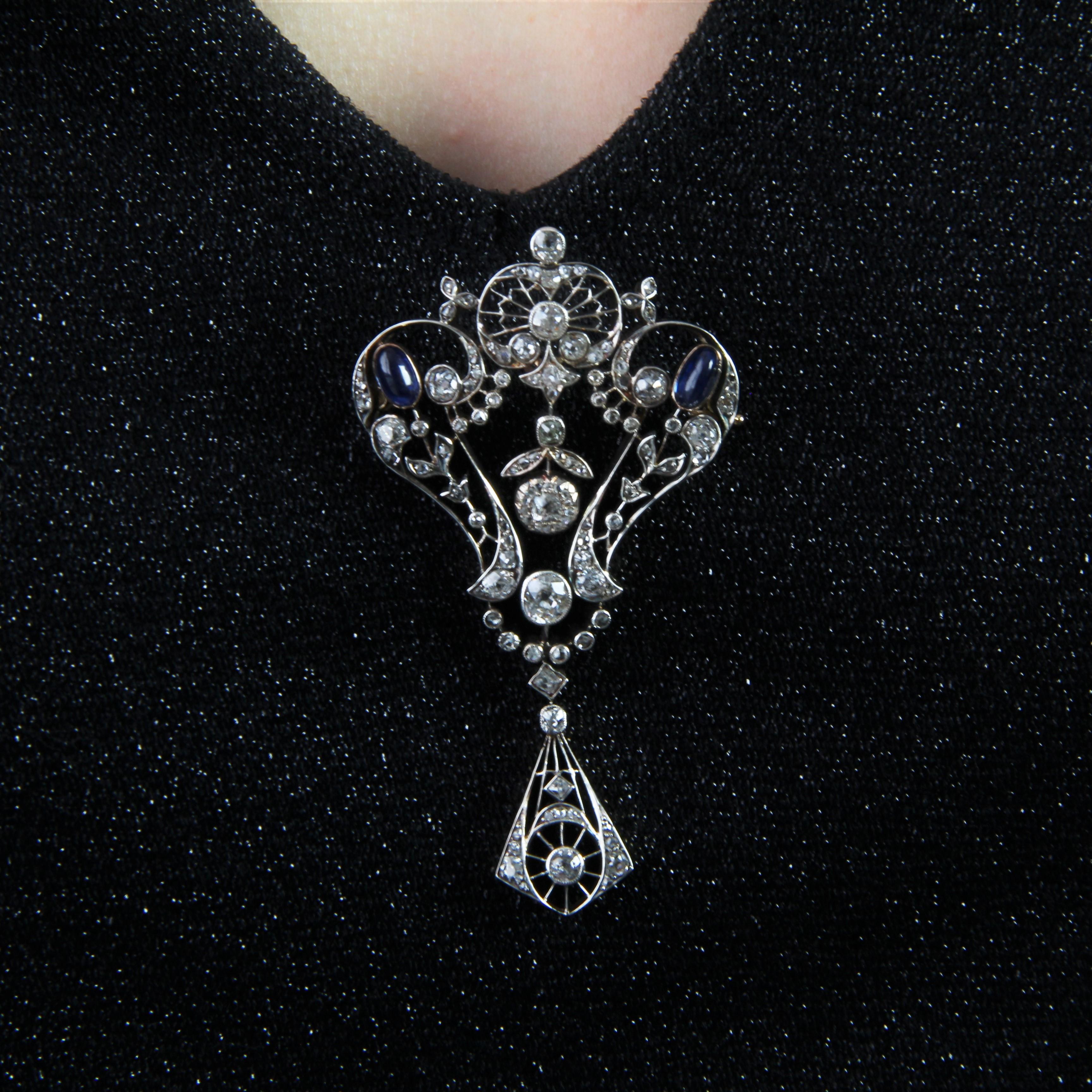 1900s Diamonds Sapphire Cabochon Rose Gold Lace Brooch For Sale 7