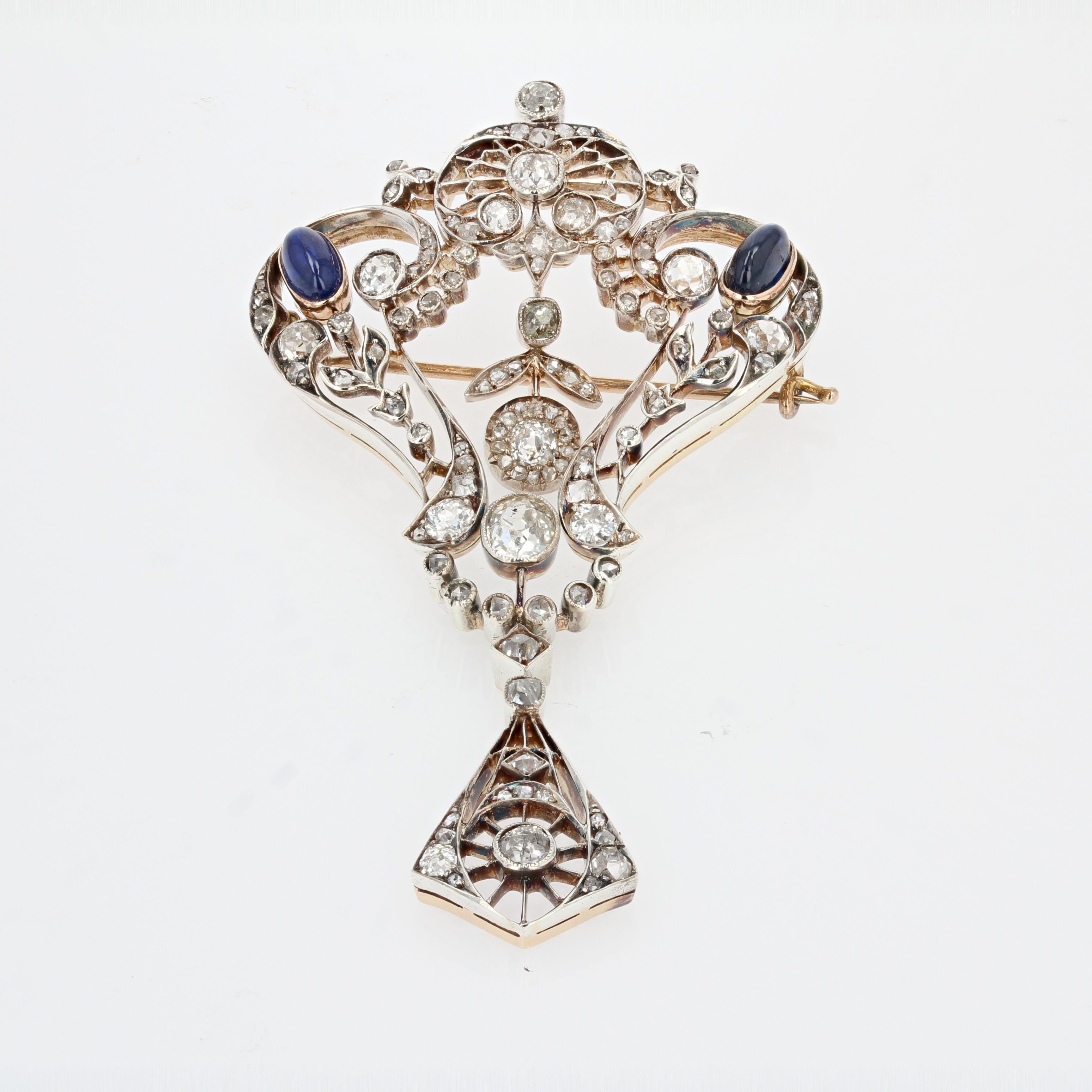 1900s Diamonds Sapphire Cabochon Rose Gold Lace Brooch For Sale 9