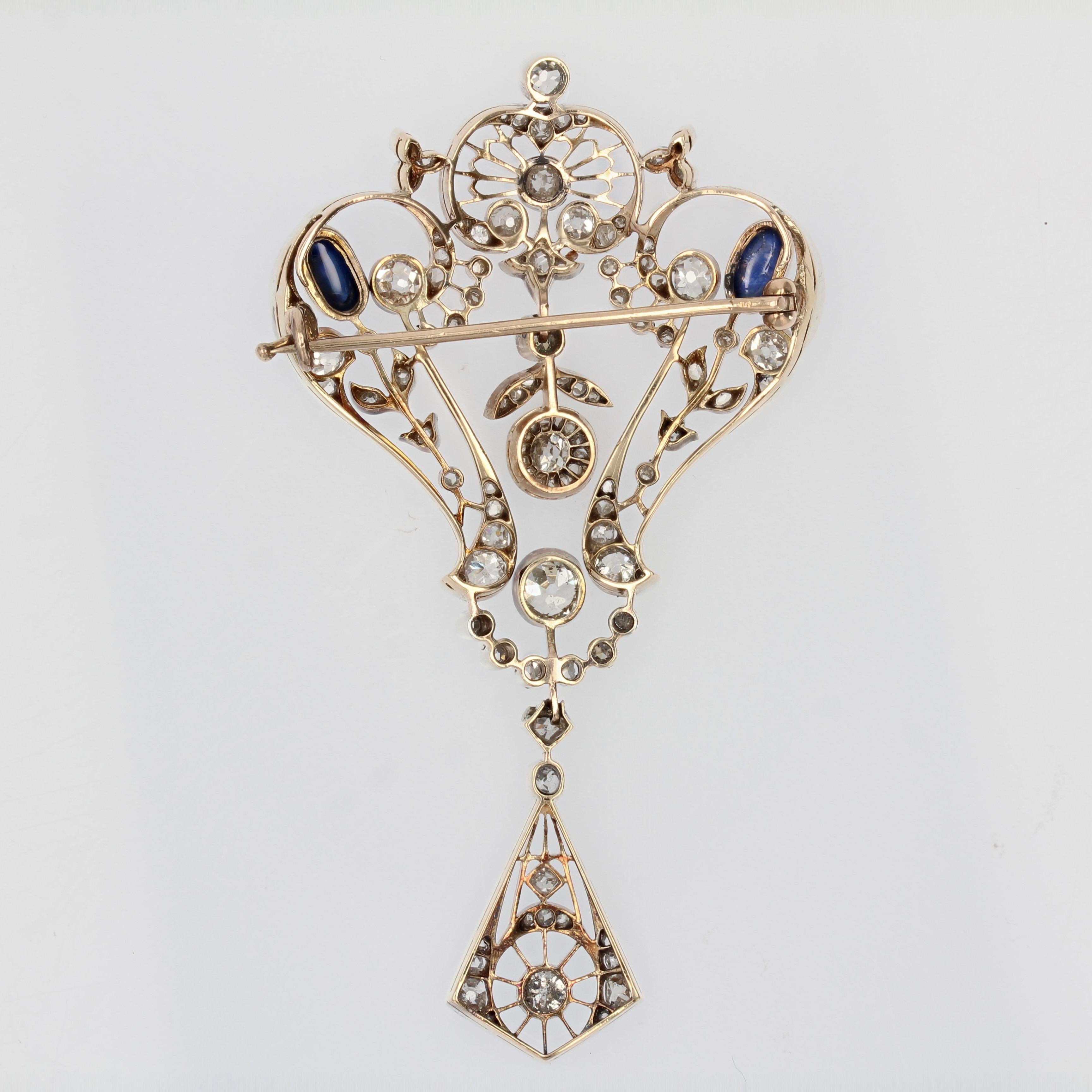 1900s Diamonds Sapphire Cabochon Rose Gold Lace Brooch For Sale 11