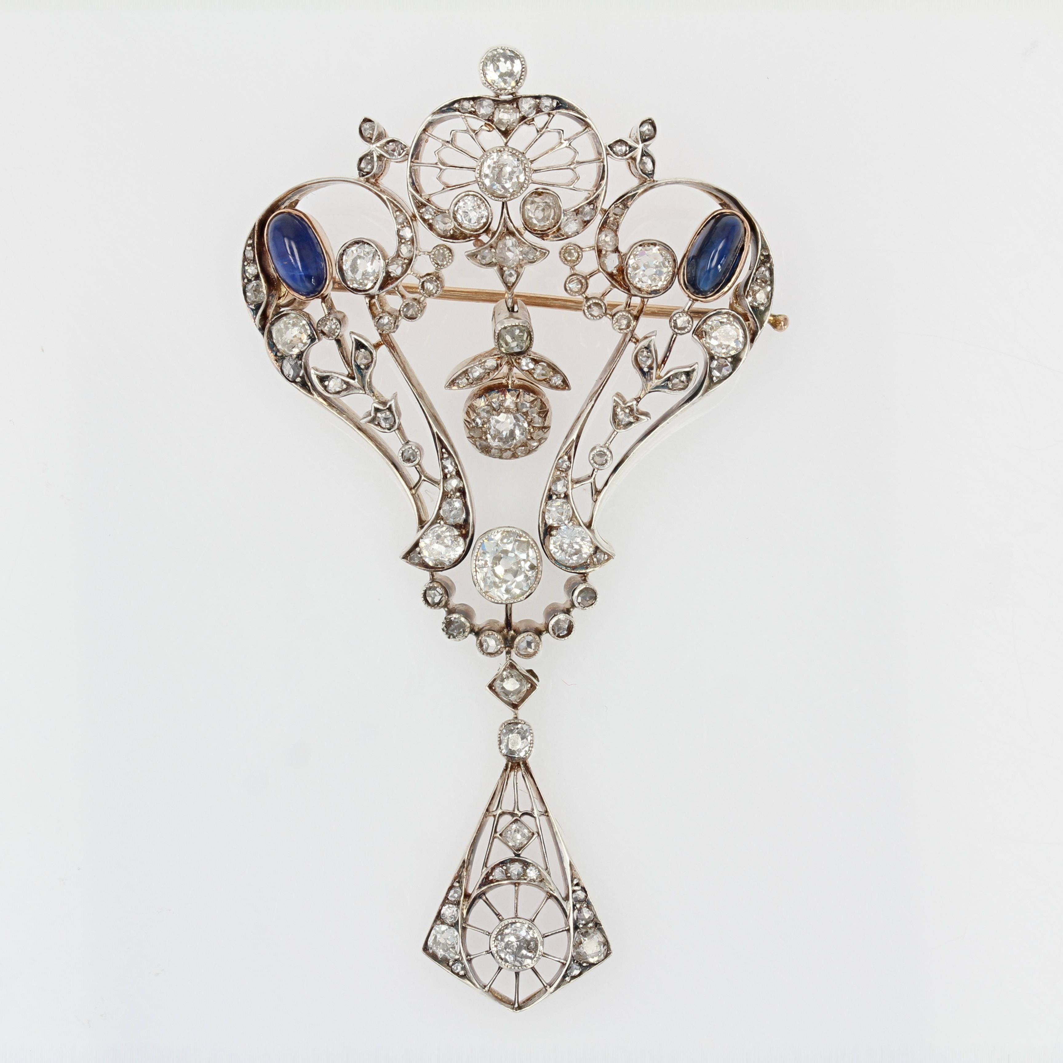 Belle Époque 1900s Diamonds Sapphire Cabochon Rose Gold Lace Brooch For Sale