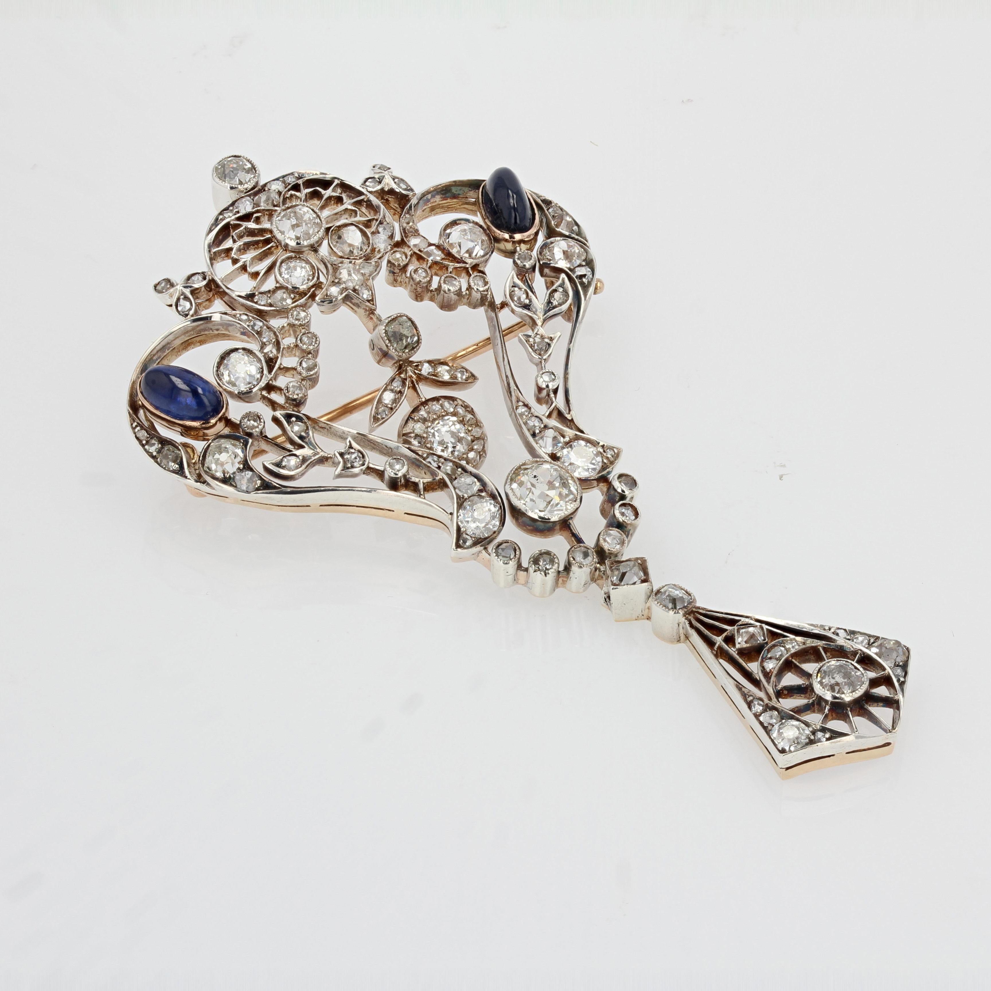 Sugarloaf Cabochon 1900s Diamonds Sapphire Cabochon Rose Gold Lace Brooch For Sale