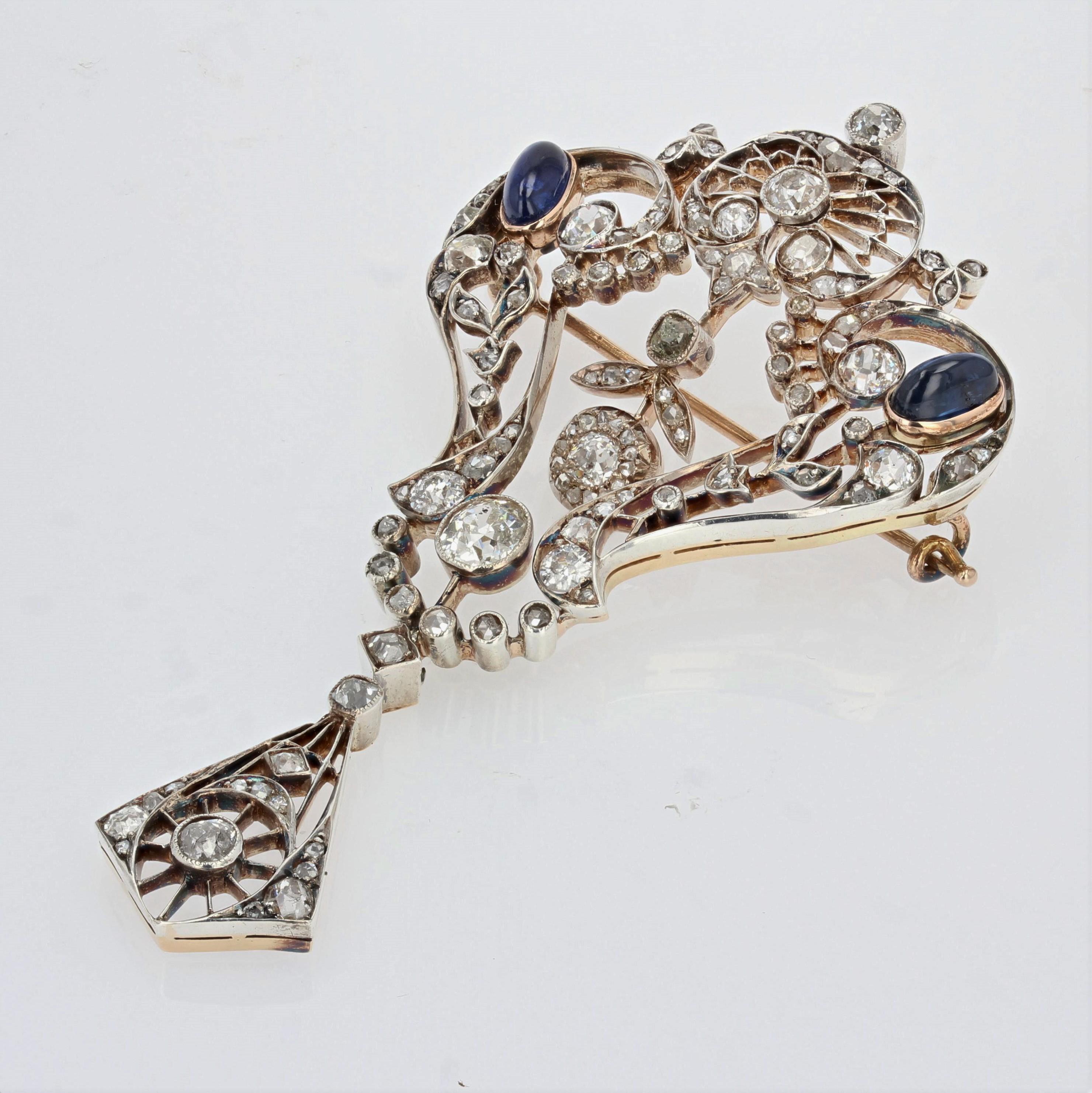 1900s Diamonds Sapphire Cabochon Rose Gold Lace Brooch In Good Condition For Sale In Poitiers, FR