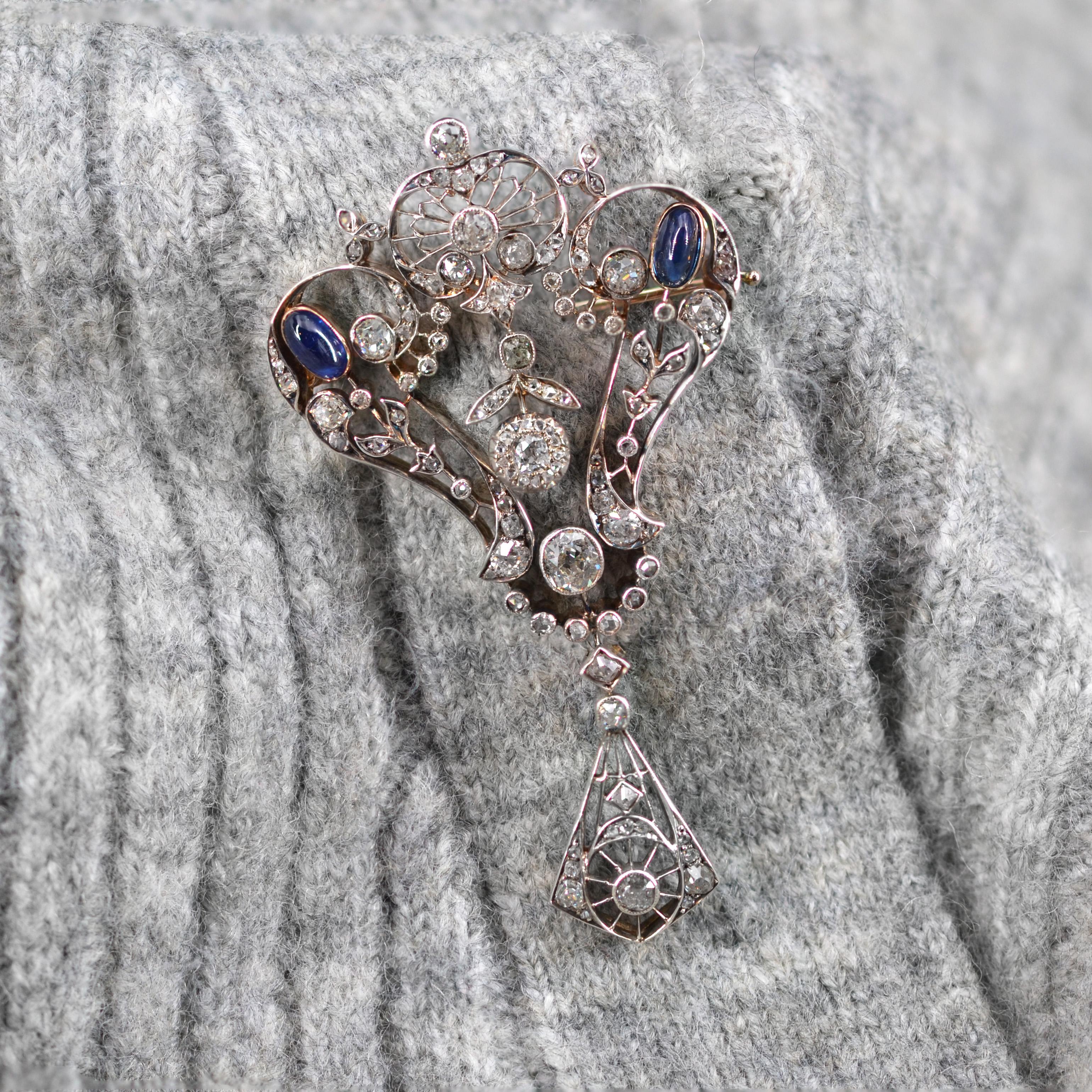 1900s Diamonds Sapphire Cabochon Rose Gold Lace Brooch For Sale 1