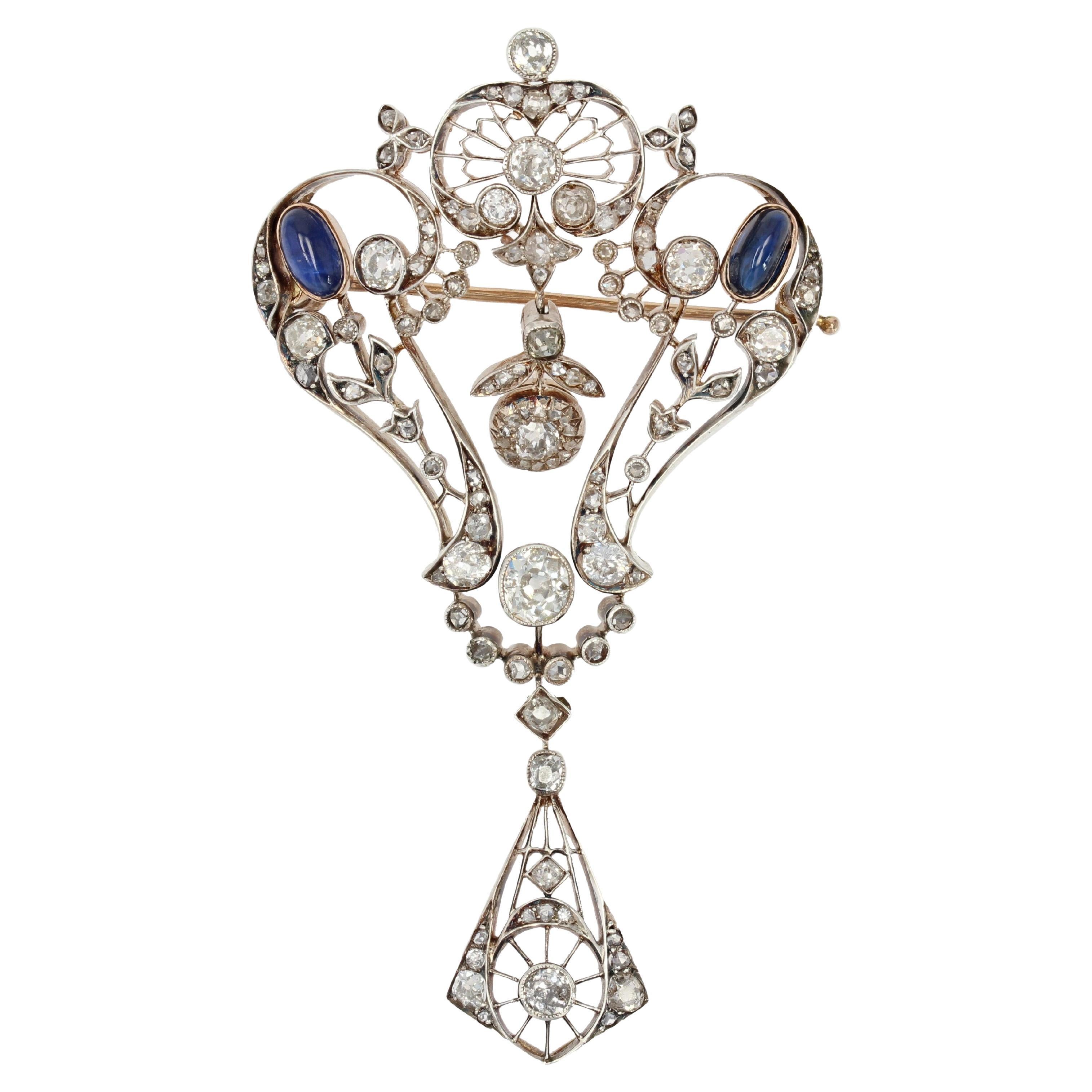 1900s Diamonds Sapphire Cabochon Rose Gold Lace Brooch