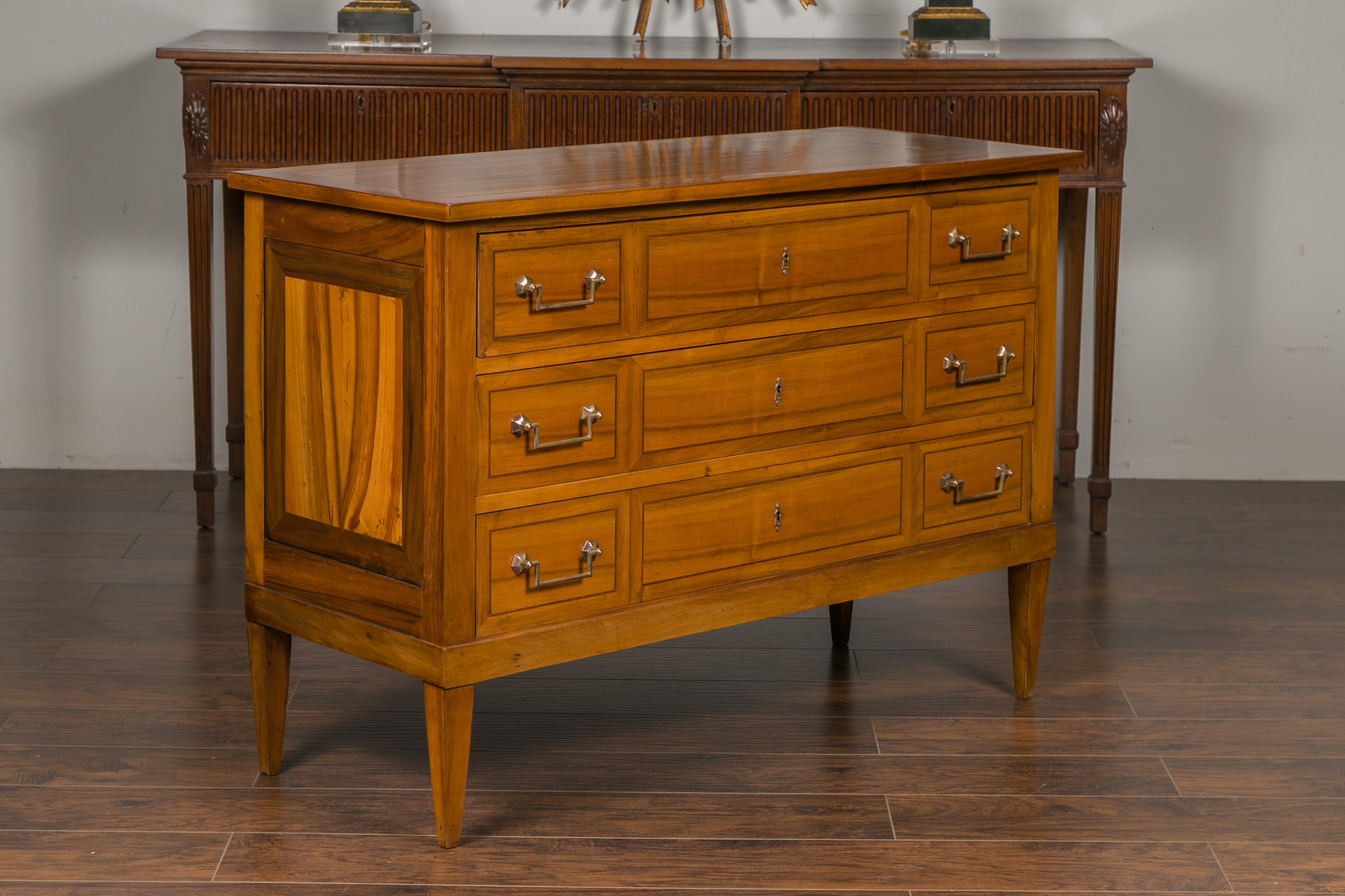 Inlay French 1900s Directoire Style Walnut Three-Drawer Commode with Banding For Sale