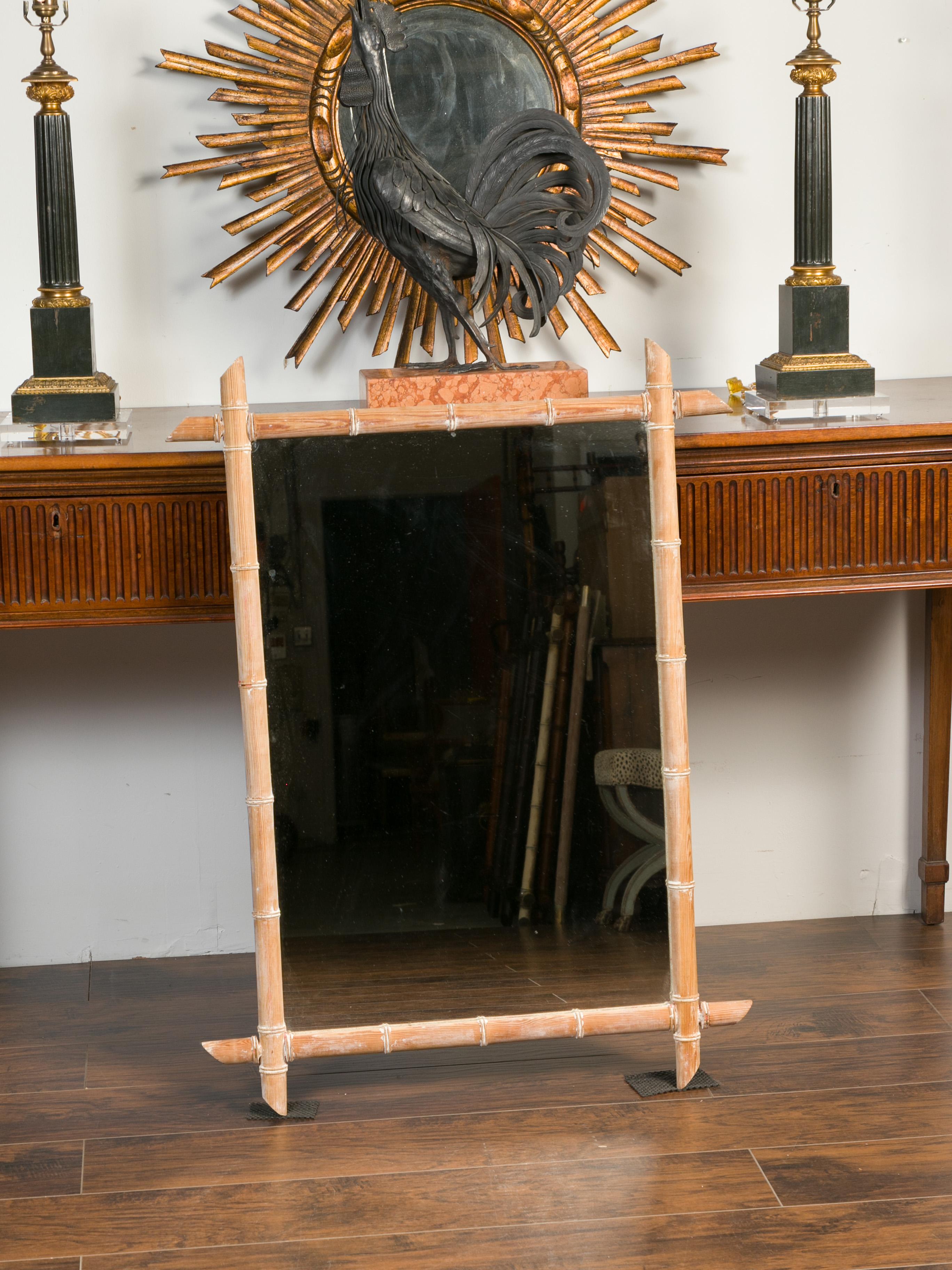20th Century French 1900s Dry Scraped Faux Bamboo Walnut Mirror with Protruding Corners