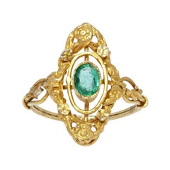 French 1900s Emerald 18 Karat Yellow Gold Marquise Shape Ring