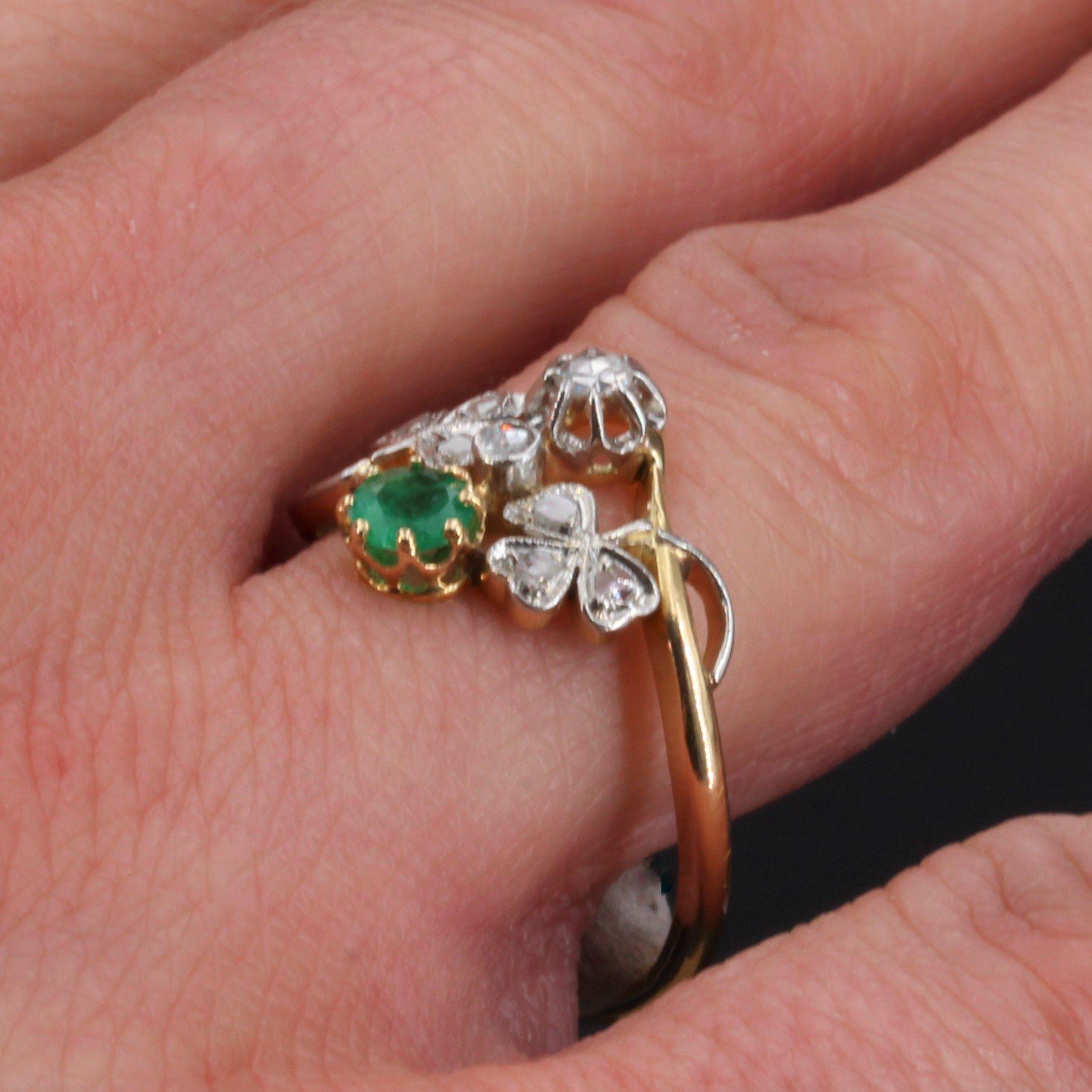 French 1900s Emerald Diamond 18 Karat Yellow Gold You and Me Ring 4