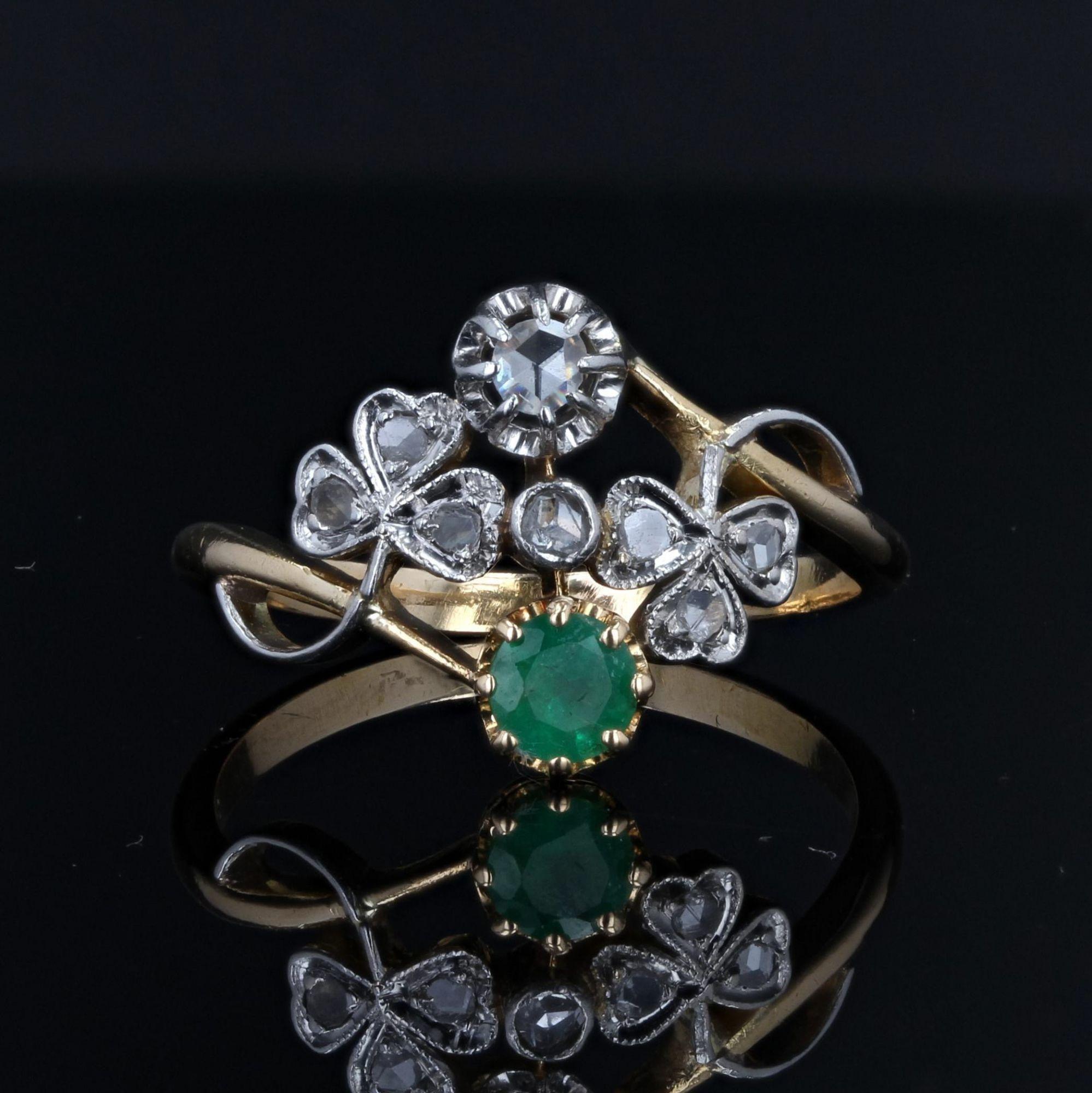 Belle Époque French 1900s Emerald Diamond 18 Karat Yellow Gold You and Me Ring