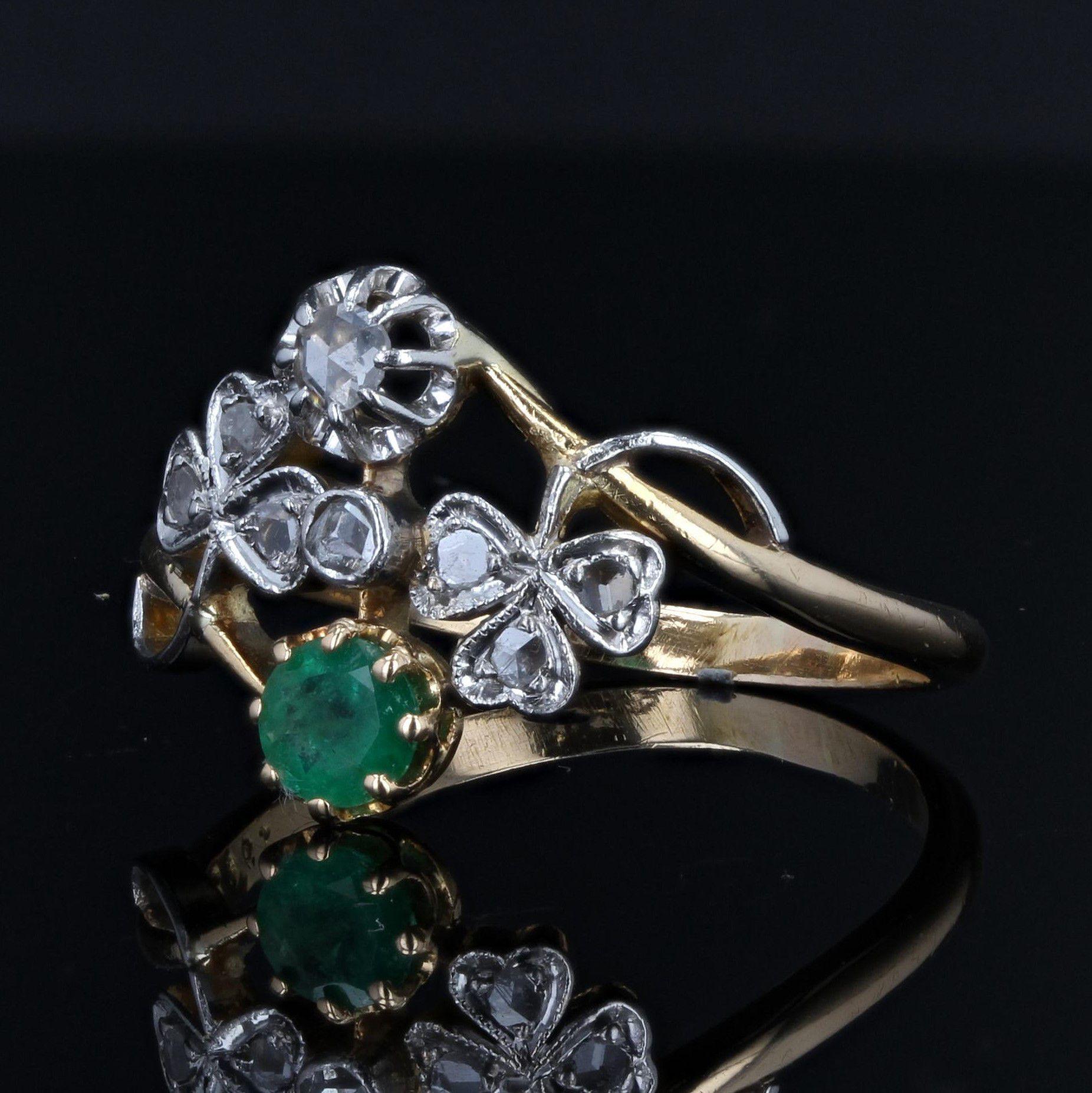 Rose Cut French 1900s Emerald Diamond 18 Karat Yellow Gold You and Me Ring