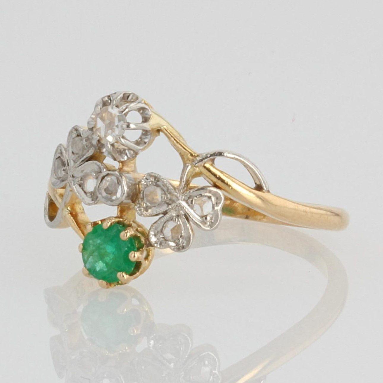 Women's French 1900s Emerald Diamond 18 Karat Yellow Gold You and Me Ring