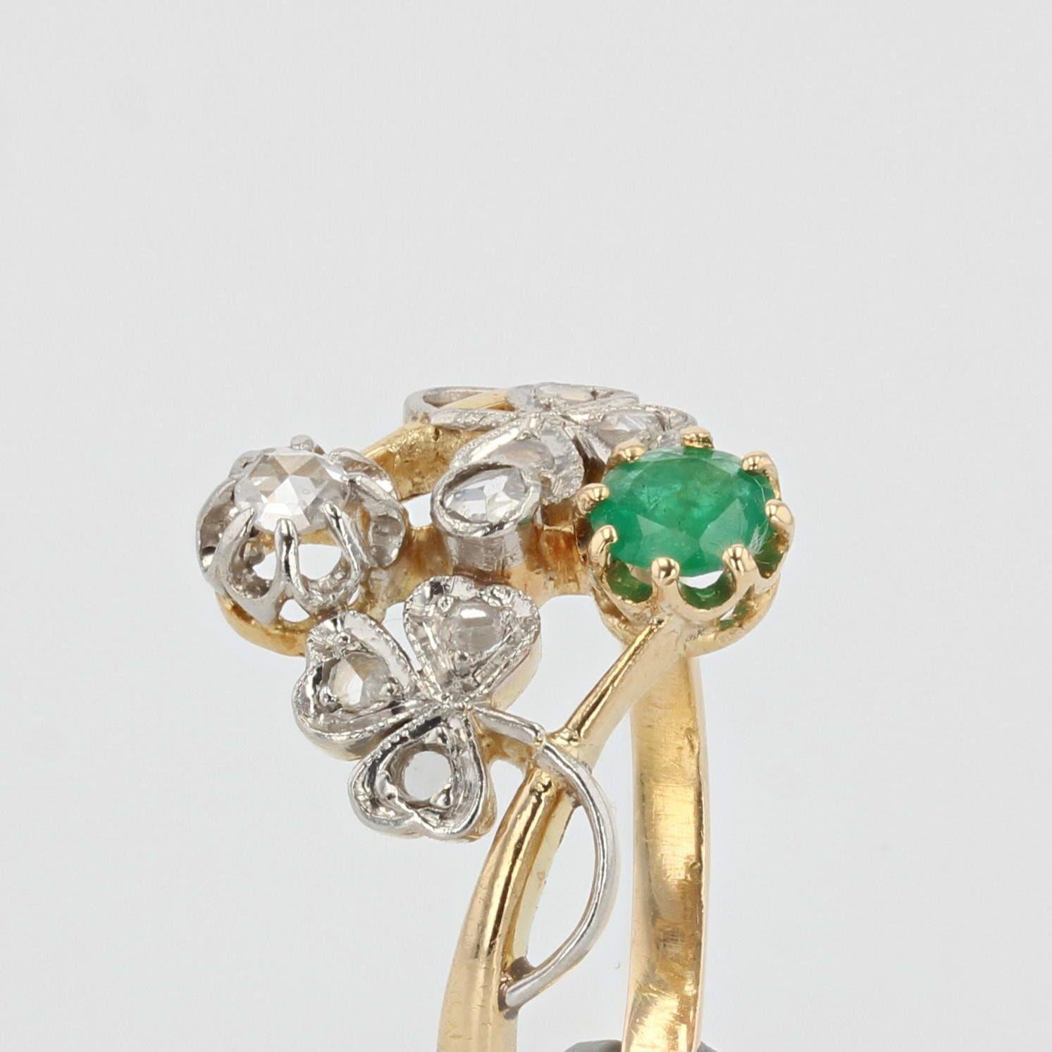 French 1900s Emerald Diamond 18 Karat Yellow Gold You and Me Ring 1